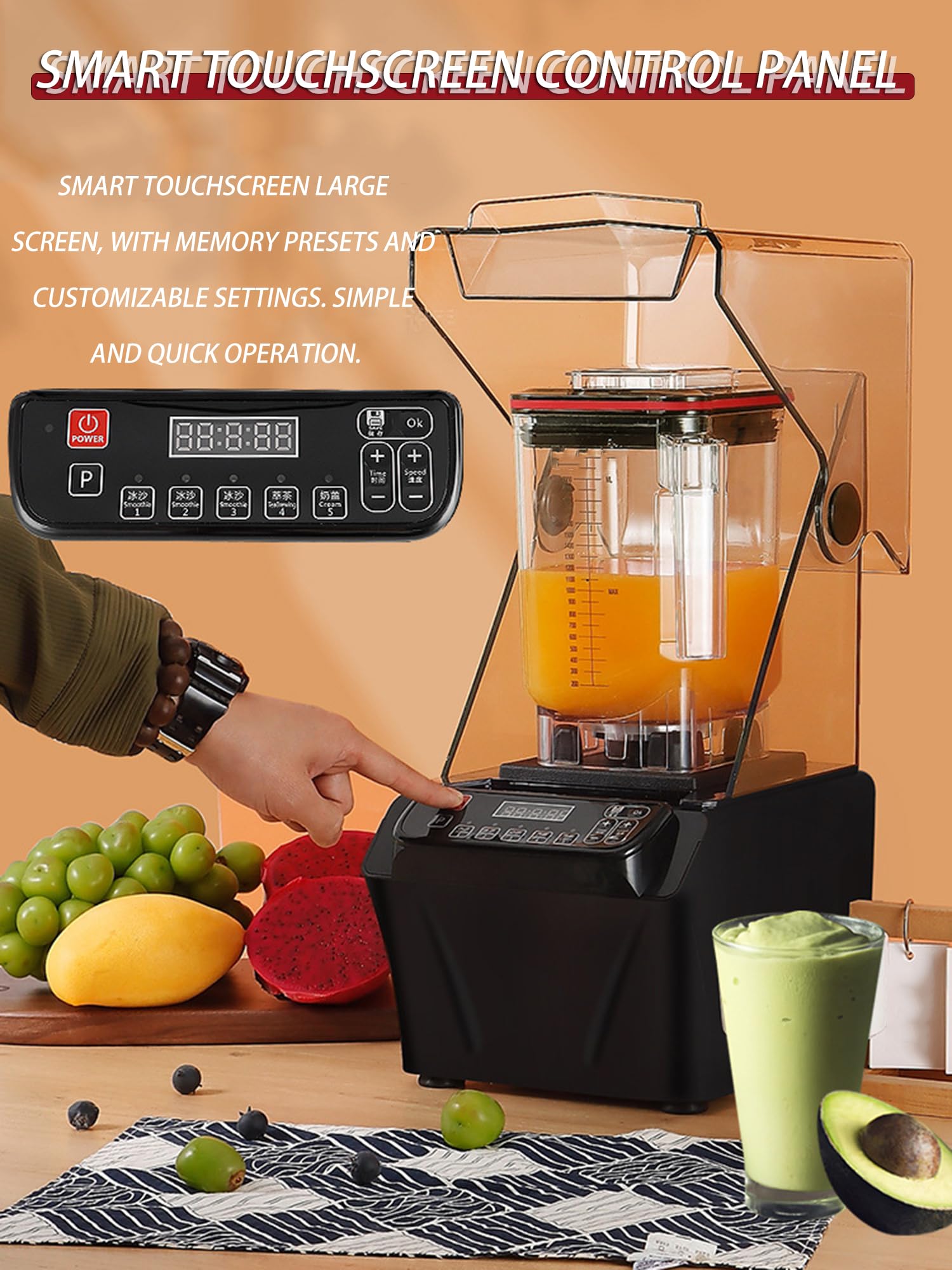 Blender do lodu do mrożonych napojów - 2000W elektryczny blender z dźwiękoszczelną osłoną, inteligentnym panelem, kubkiem 2000 ml do smoothie, orzechów, lodu i owoców