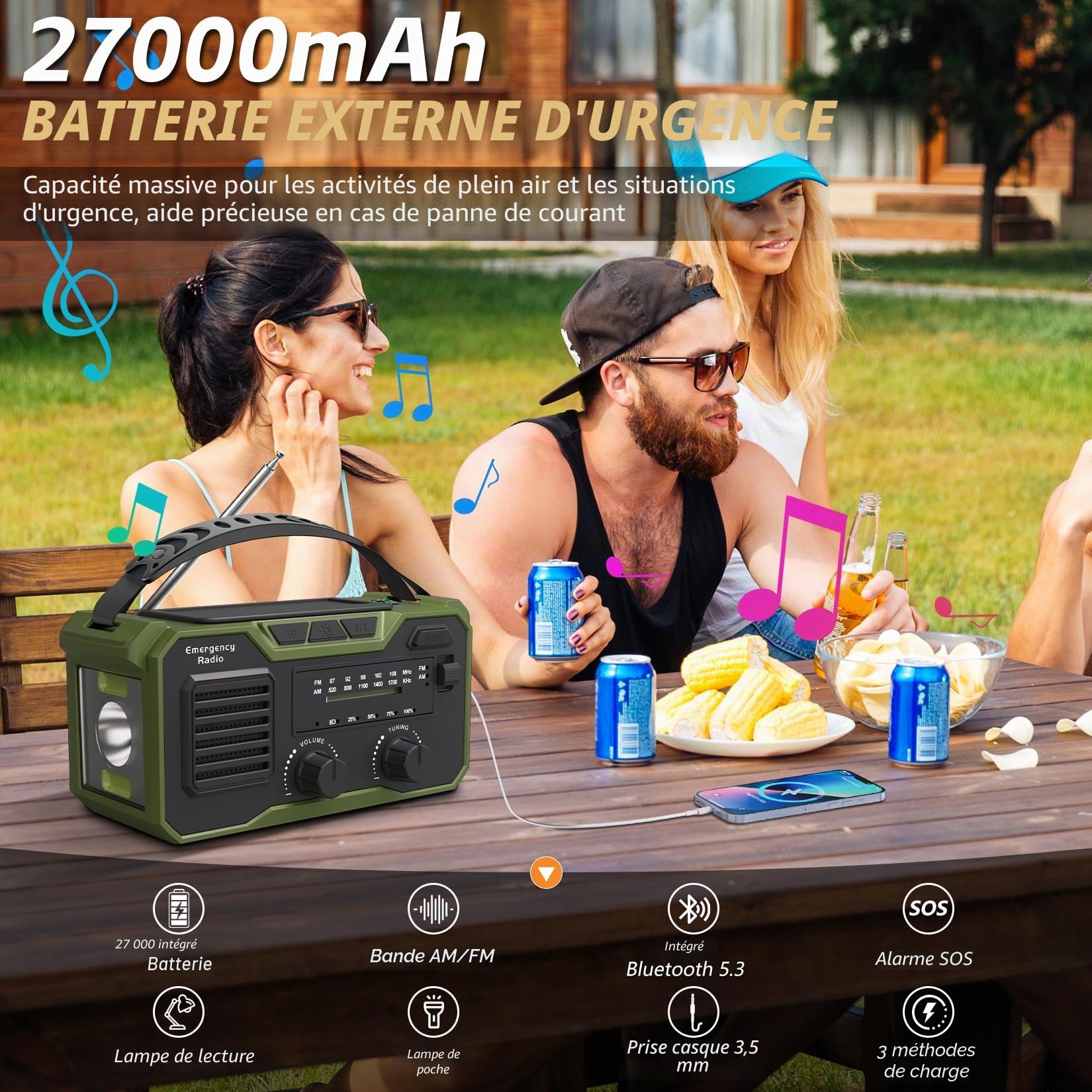 27000mAh Radio Survie FM/AM Solaire Bluetooth 5.3 Alarme SOS Boussole Lampe Dynamo Vert