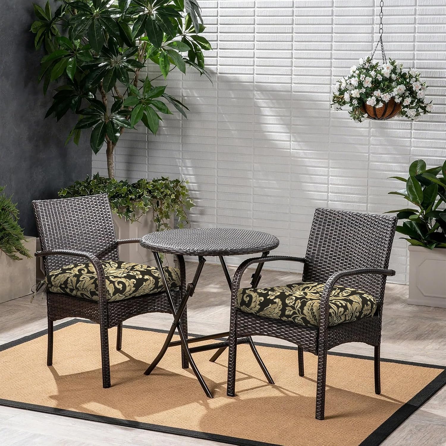 Outdoor Patio Wicker Chair Cushions Pack of 2, All Weather Tufted Chair Pads, 19 x 19 x 4 Inch U-Shaped Seat Cushions of Garden Furniture Decoration, Jacobean Black