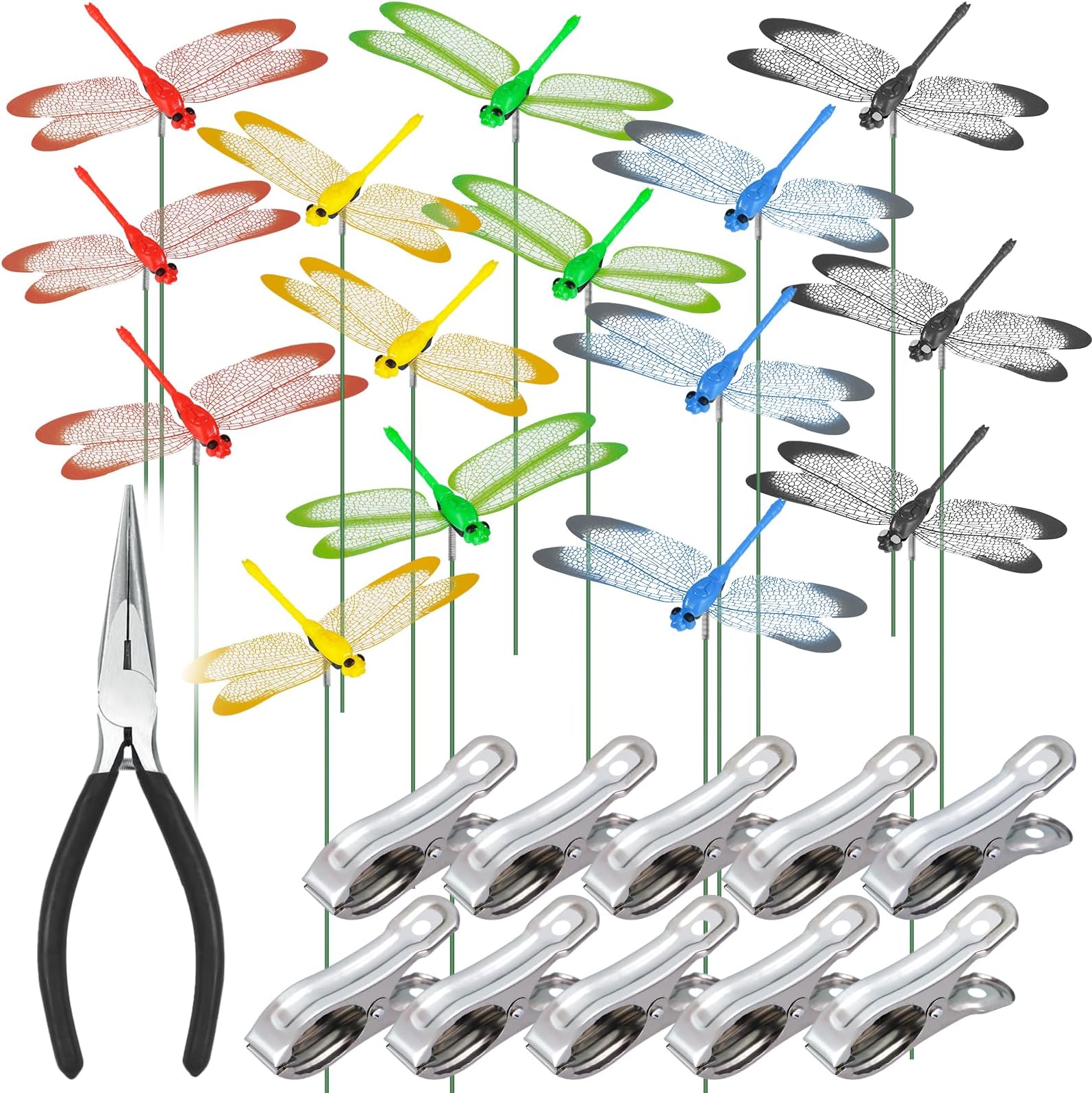 NiHome 15PCS Decorative Dragonfly Clips Decor for Garden, 9.8" Long Multicolor Waterproof Outdoor & Indoor Use, Versatile Clip-On Plant Decoration & Fly Deterrent, Includes Pliers for Easy Attachment
