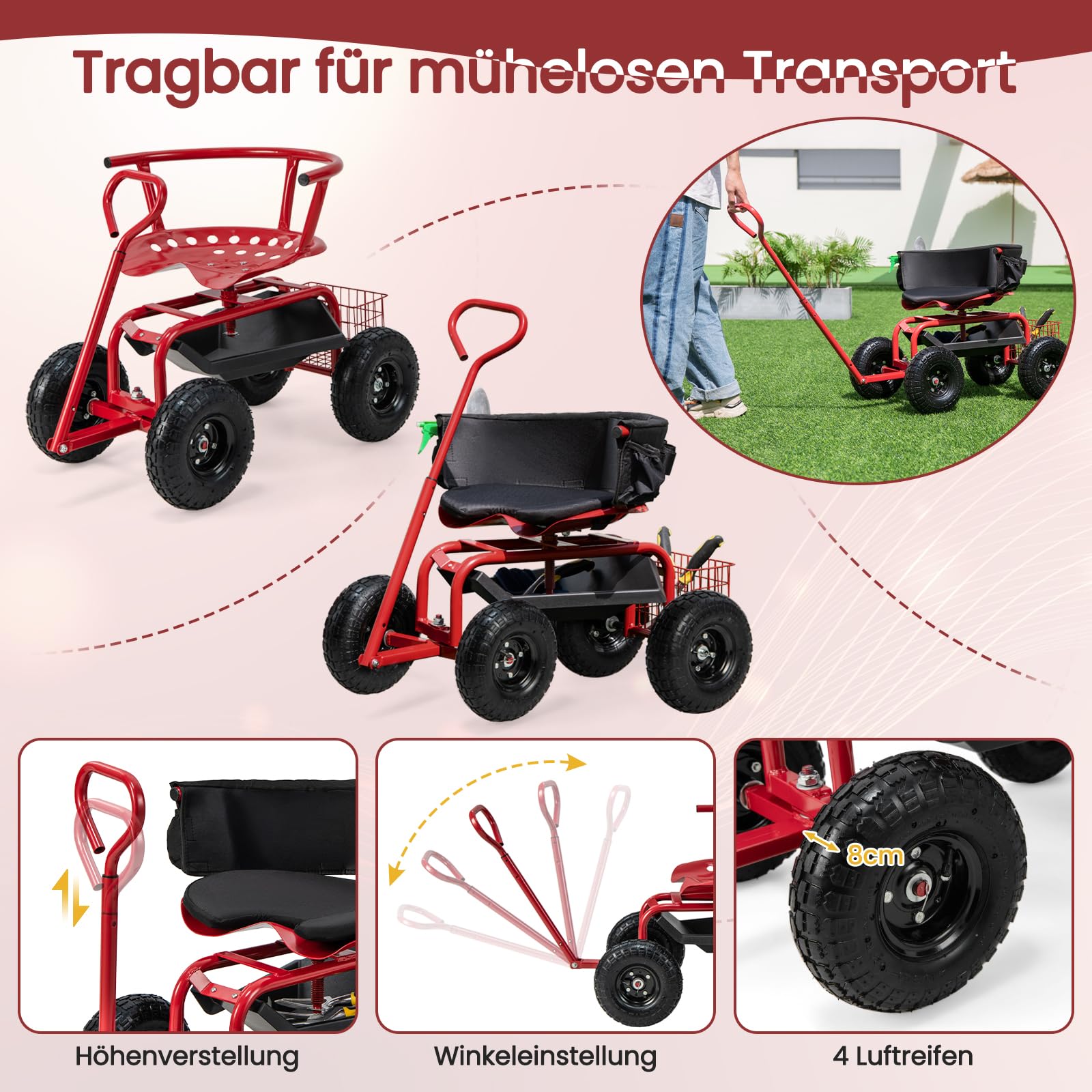 GOPLUS Rollsitz, Mobiler Gartensitz mit Griff, Höhenverstellbarer drehbarer Arbeitssitz mit Rückenlehne, Gartenwagen mit Stauraum für Gartenarbeit, bis 135 kg (Rot)