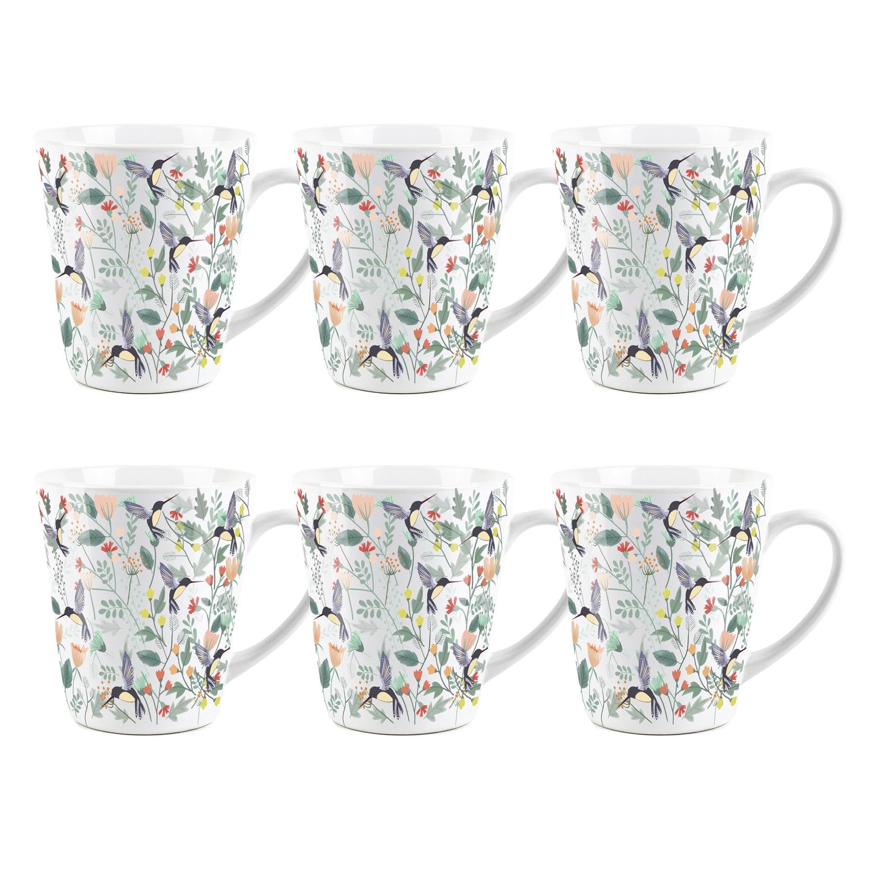 Purely Home Tropical Hummingbirds Small Latte Mugs Set - Ceramic White Tea/Coffee Present Gift Set of 6
