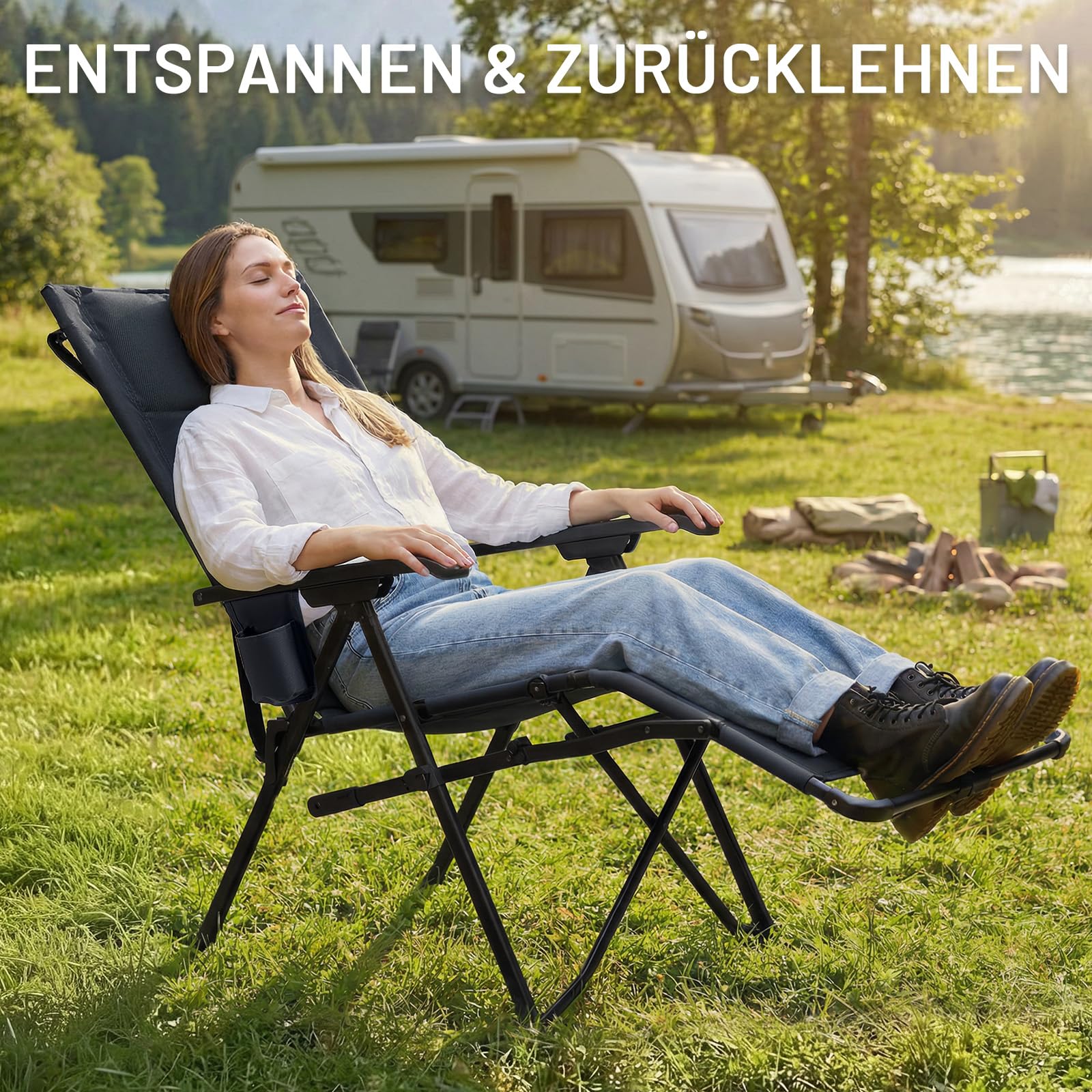 TIMBER RIDGE Faltbarer Campingstuhl mit Fußablage 4-Fach Verstellbarer Rücken Gartenstuhl gepolsterter Sitzfläche 150kg Belastbar Relaxsessel Garten Camping Balkon Wohnmobil