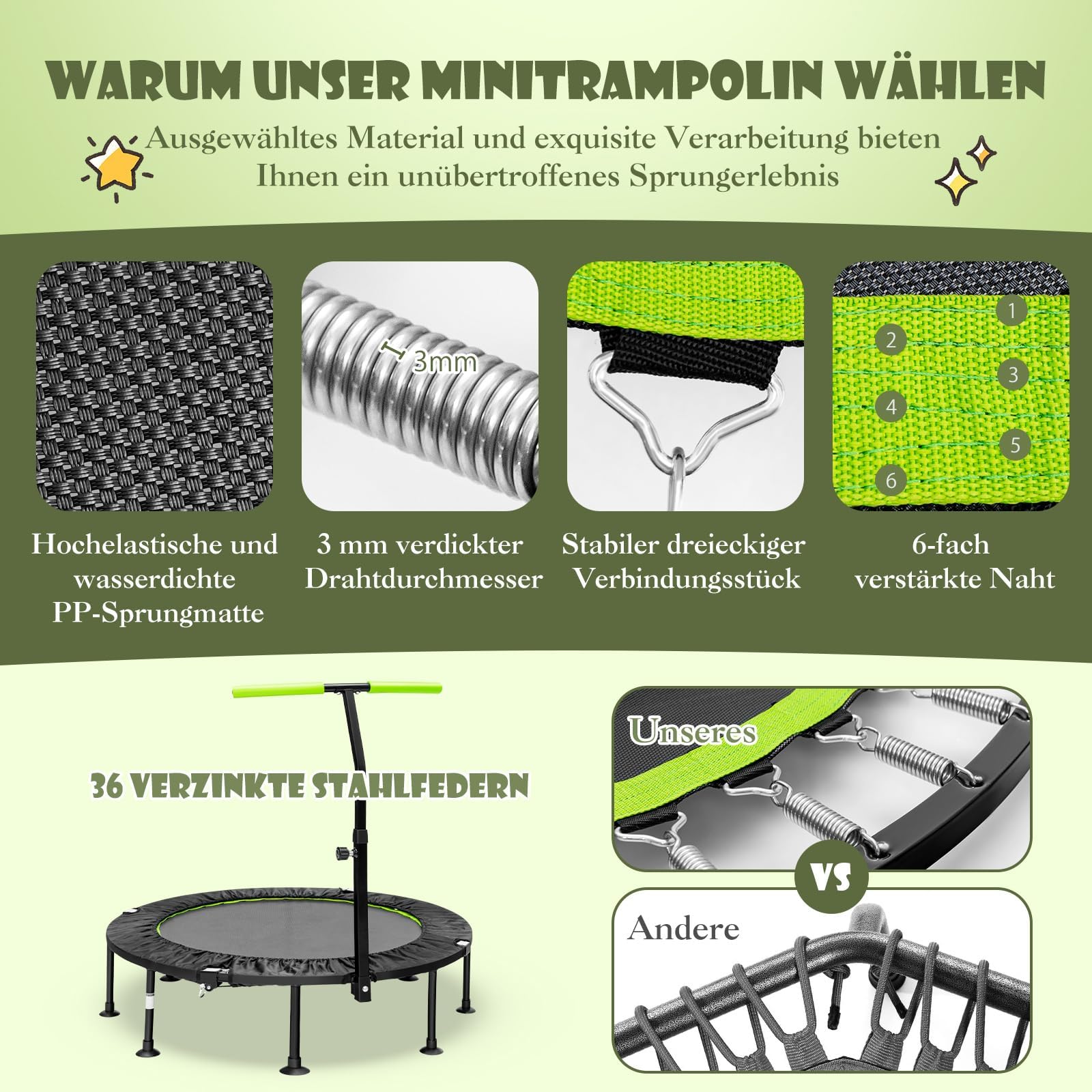 COSTWAY φ117cm Mini Trampolin faltbar, Fitness Trampolin mit höhenverstellbarem Griff, Kindertrampolin Gartentrampolin Indoor- und Outdoor für Erwachsene und Kinder, 100 kg Belastbar