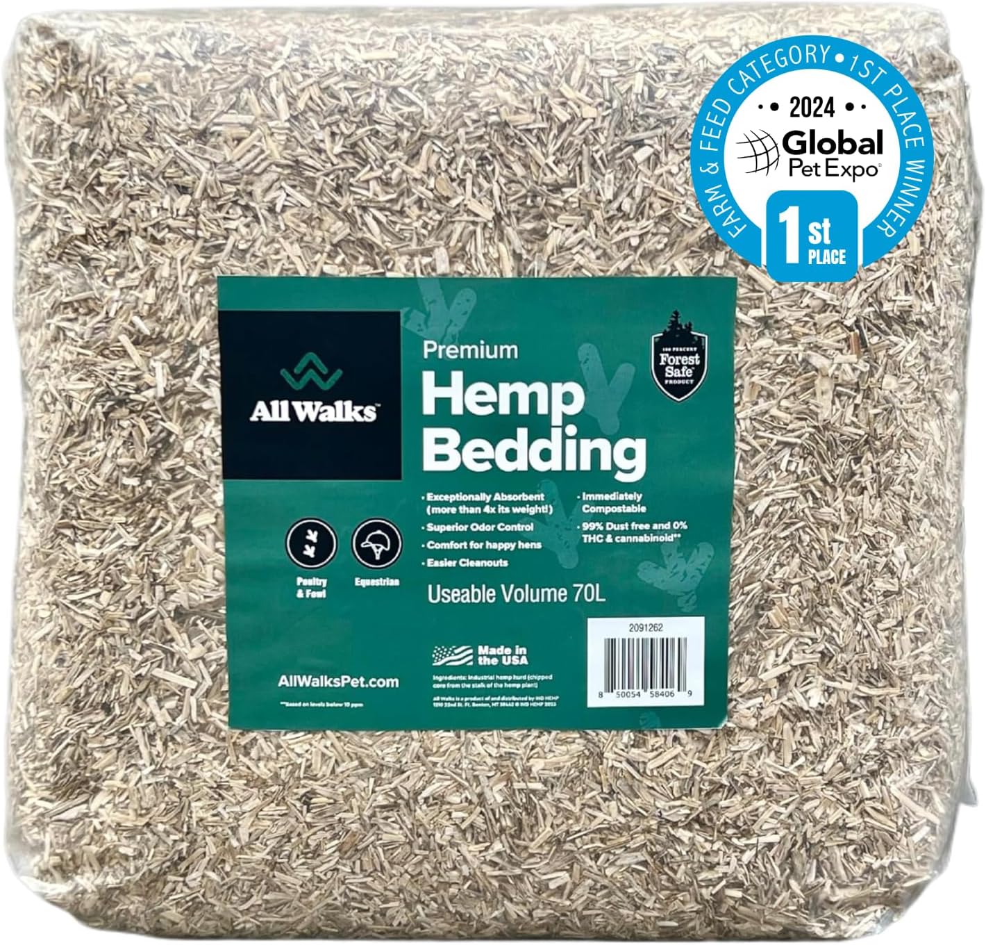 All Walks (70L) Hemp Bedding for Chicken Coops, Guinea