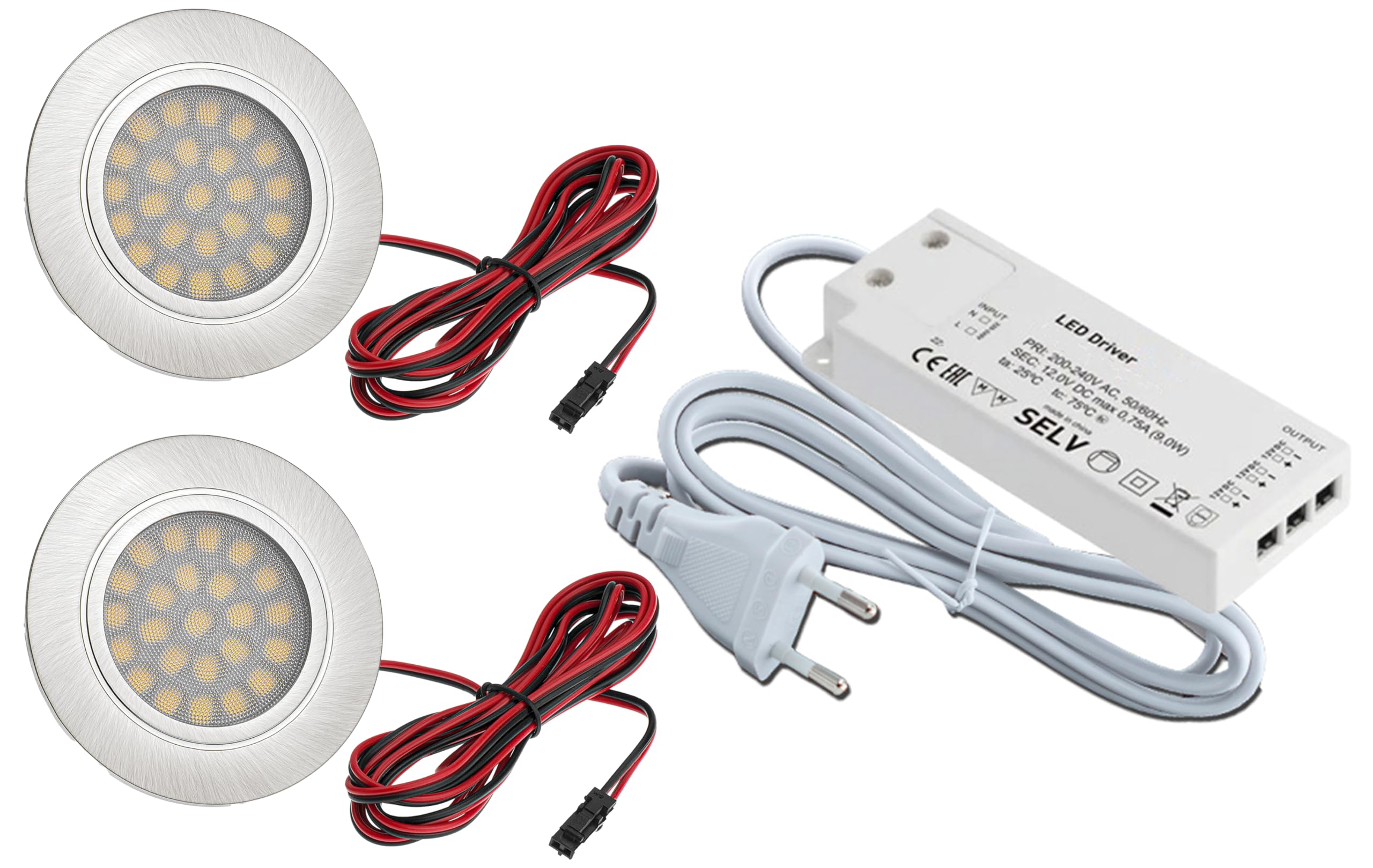 Lot de 2 Spot LED encastrable pour meuble Tim 2 W Blanc chaud 12 V DC 2800 K 180 Lumen Aluminium