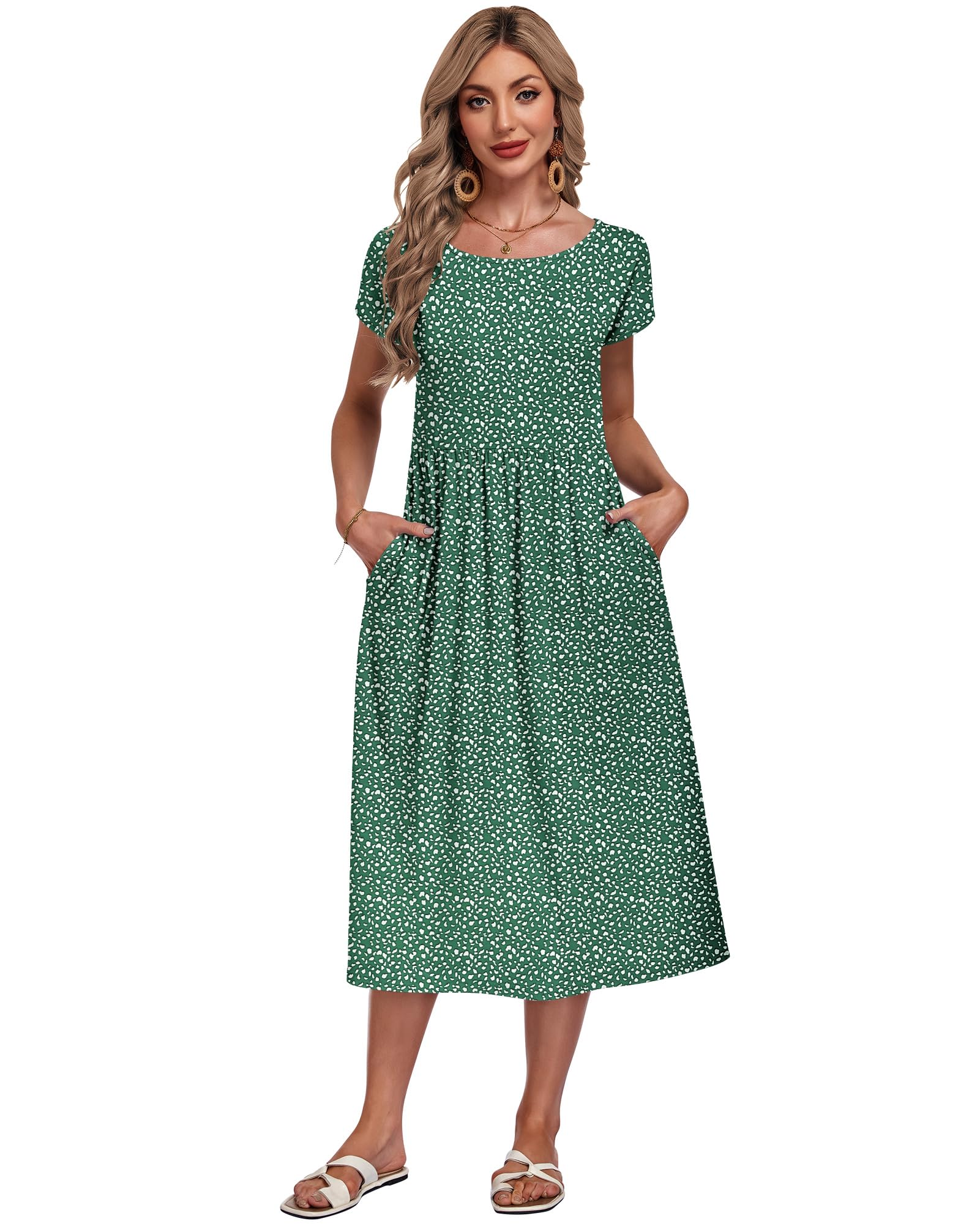 AUSELILY Damen Sommer Kleider Kurzarm Midikleider Lockeres Langes Sommerkleider A-Linie Luftiges Shirtkleider mit Taschen