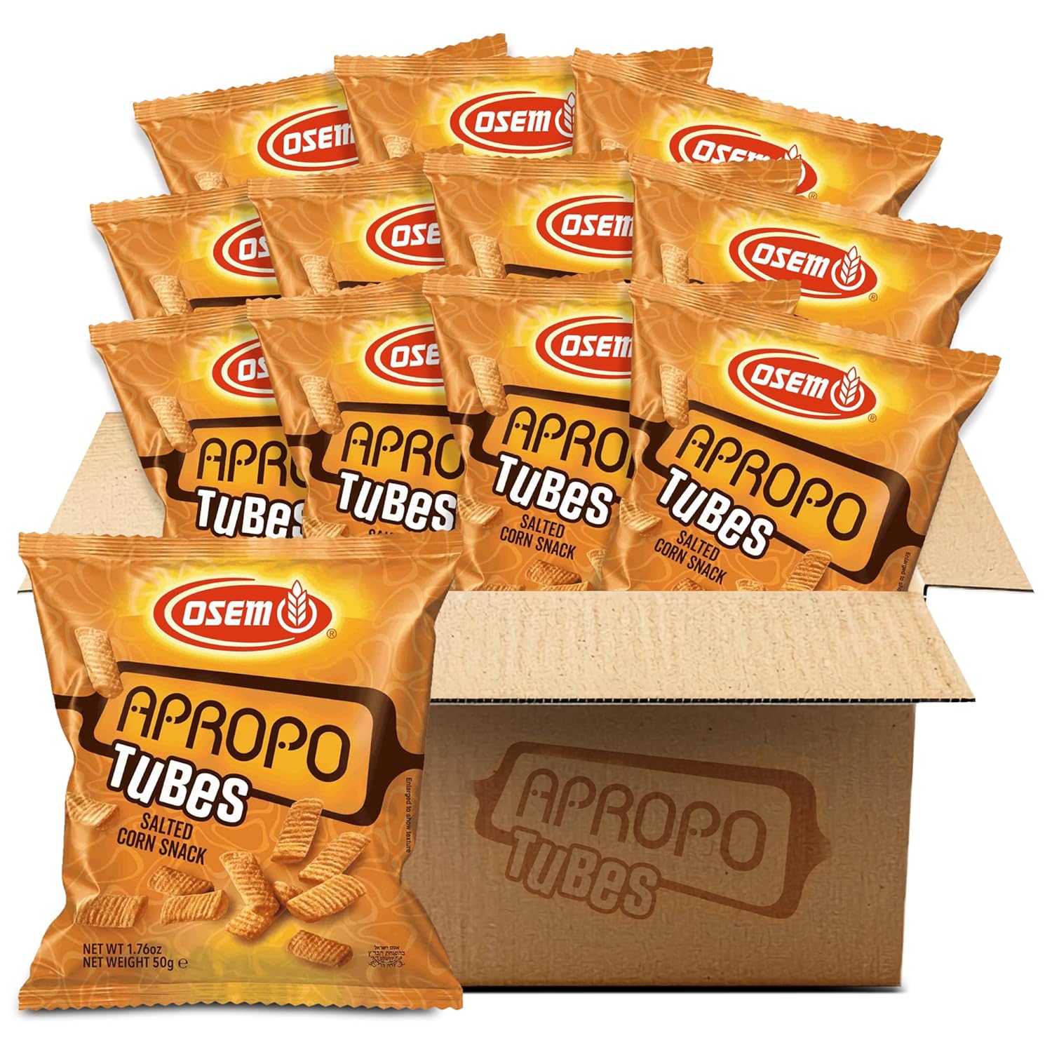 Osem Apropo Tubes - Corn Chips Individual Packs, Yellow Corn Party Snack for Dipping, Dipper for Nacho Cheese, Salsa, Light Salt, Kosher - Original Flavor (Pack of 12)
