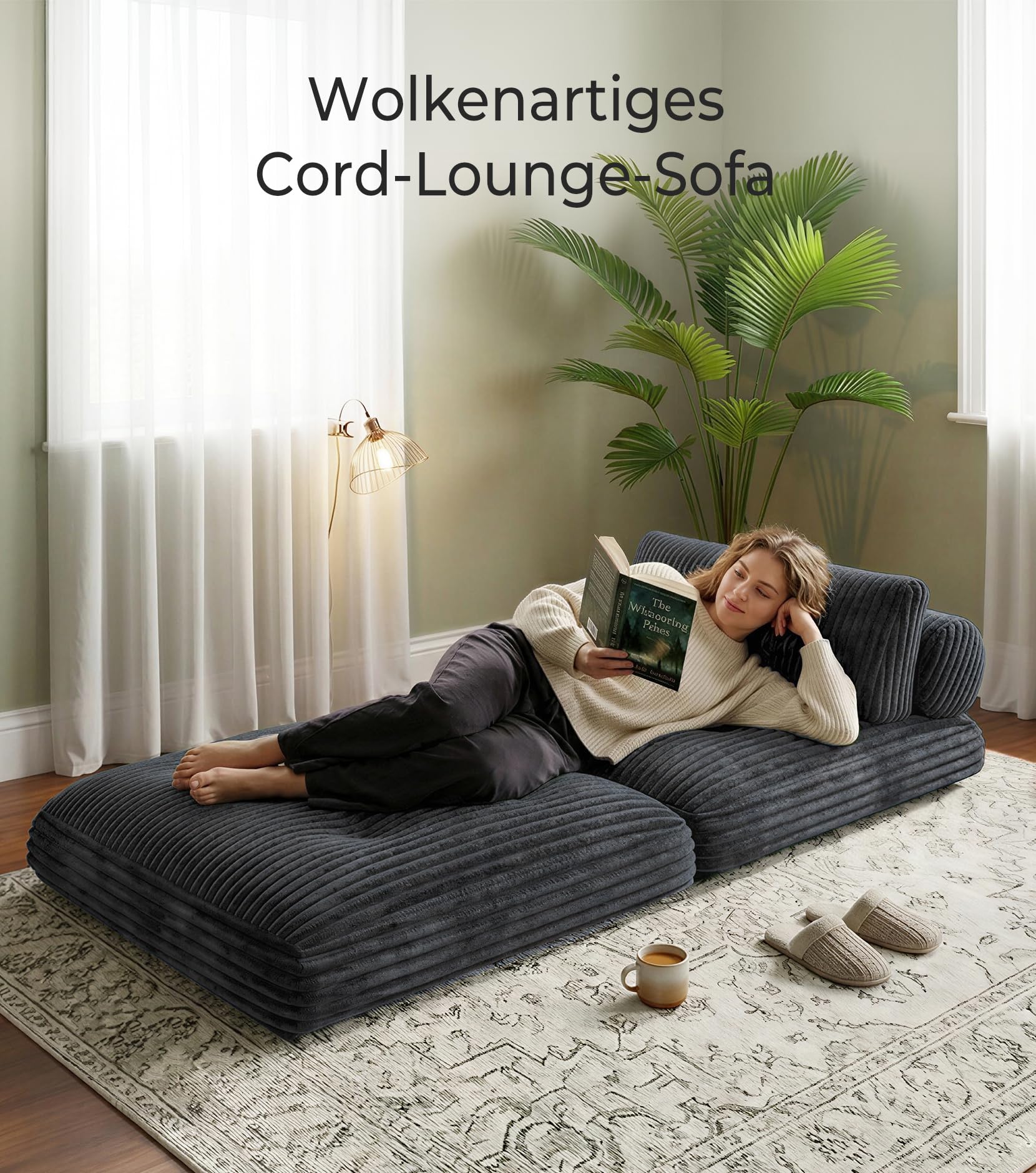 Welzona Faltbarer Schlafsessel mit Bettfunktion, Kordsamt Sofa Bed, Grau | 3-in-1 Wandelbarer Schlafsessel Klappbar, Wolkenweiches Kordsamt, Einfache Montage, Hochelastischer Schaum, Bodensofa