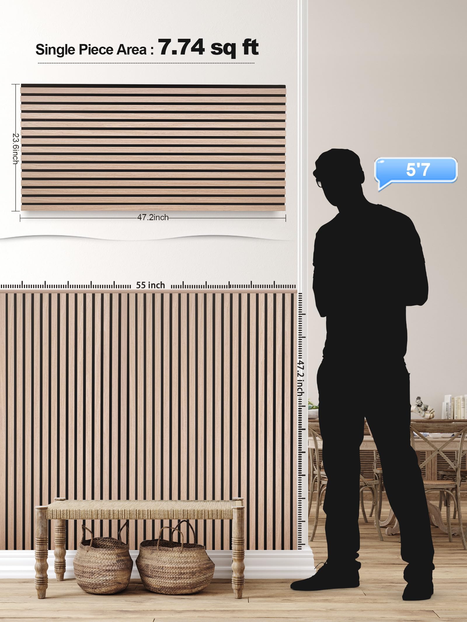 Panel de pared de listones de madera, fácil instalación, versátil, diseño acústico mejorado, adecuado para sala de estar, dormitorio, cocina y oficinas (2 piezas, roble blanco), 47.2 x 23.6 x 0.87