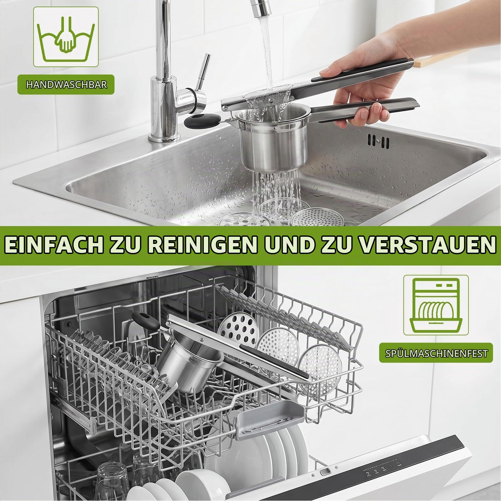 Kartoffelpresse Edelstahl Spagettieis Quetsche 450ml Spaghetti Eispresse mit 3 Austauschbare Sieb und Reinigungsbürste Kartoffelpüree, Spätzle, Gnocchi, Gemüse und Saucen