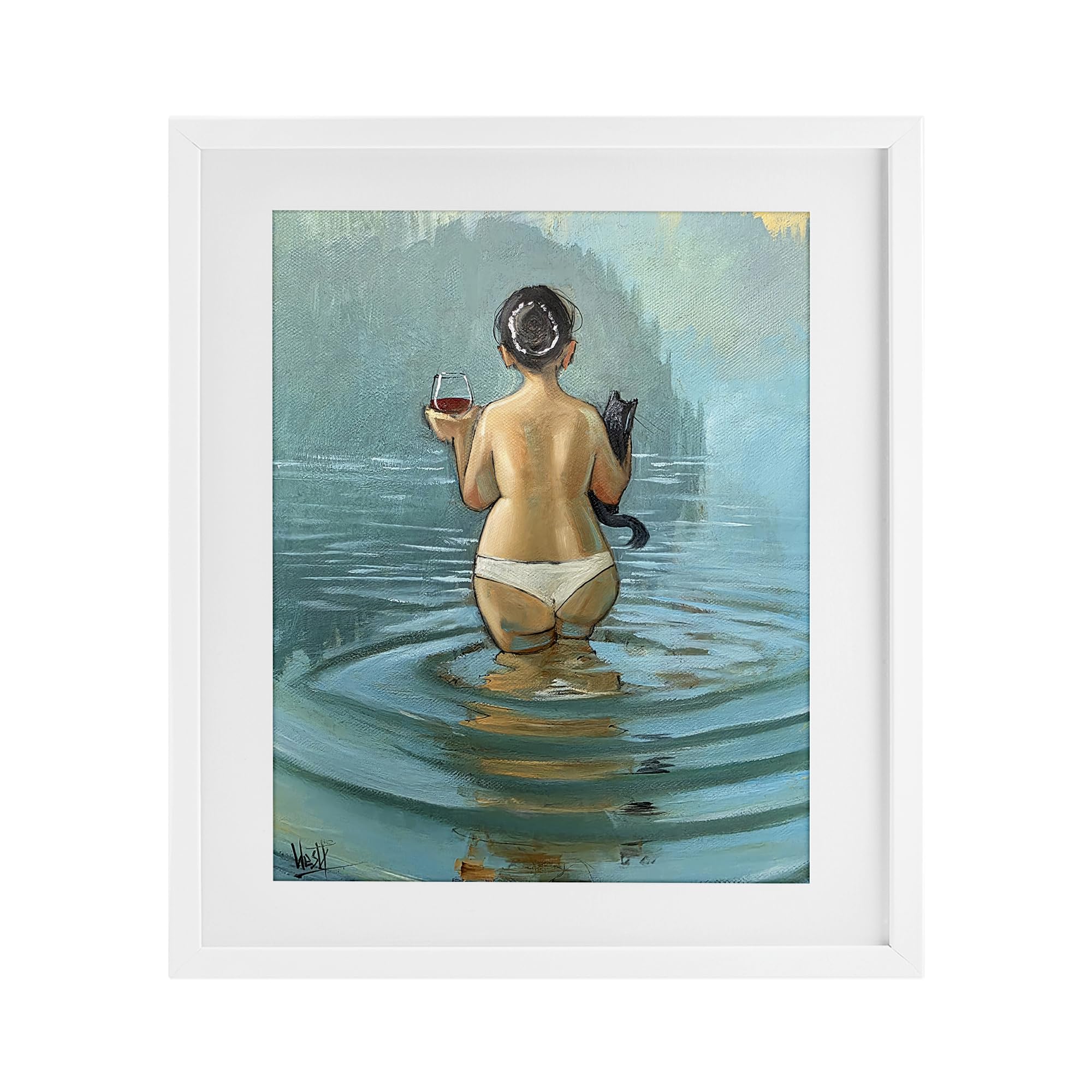 Stupell Industries Coastal White (Textured) 'Cat & Wine Dip At Twilight'| Framed Print Under Glass