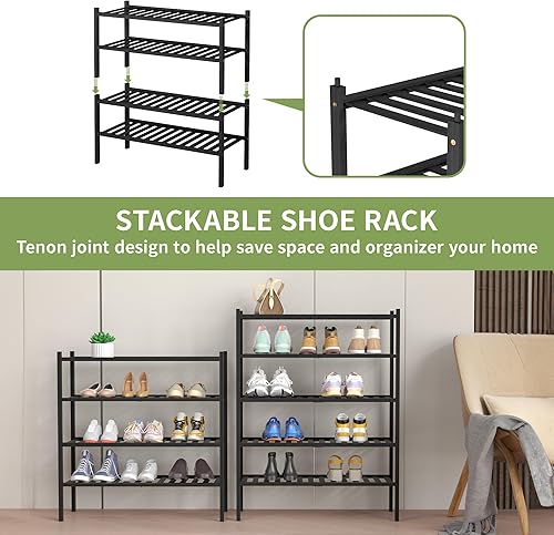 Miniatura 5 de Zapatero de bambú de 4 niveles para armario, estante de zapatos de madera para entrada, espacio pequeño, apilable de 27 x 11 x 26 pulgadas (negro)