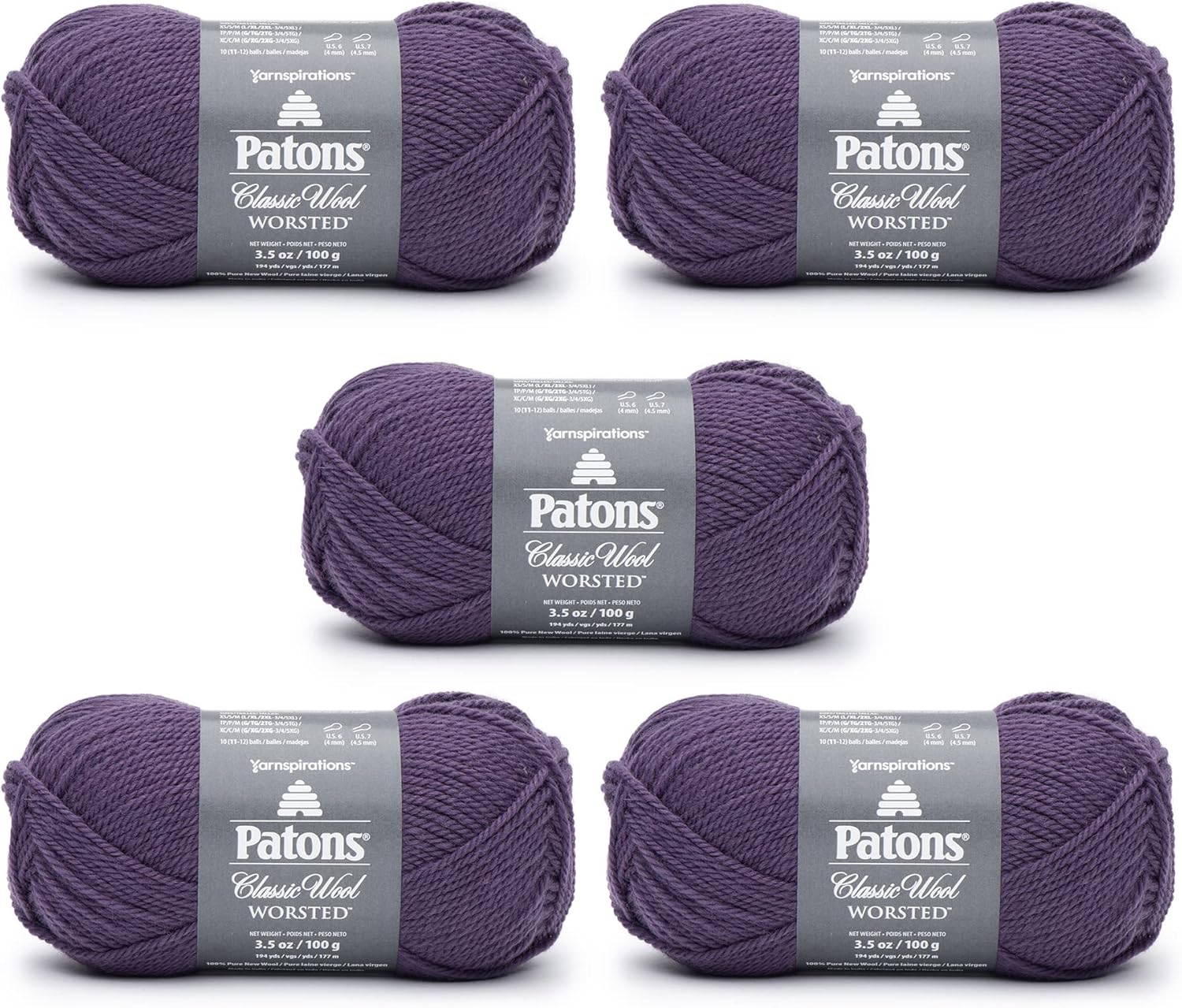 Patons Classic Wool Cool Gray Yarn - 5 Pack of 3.5oz/100g - Wool - 4 Medium - 210 Yards - Knitting/Crochet