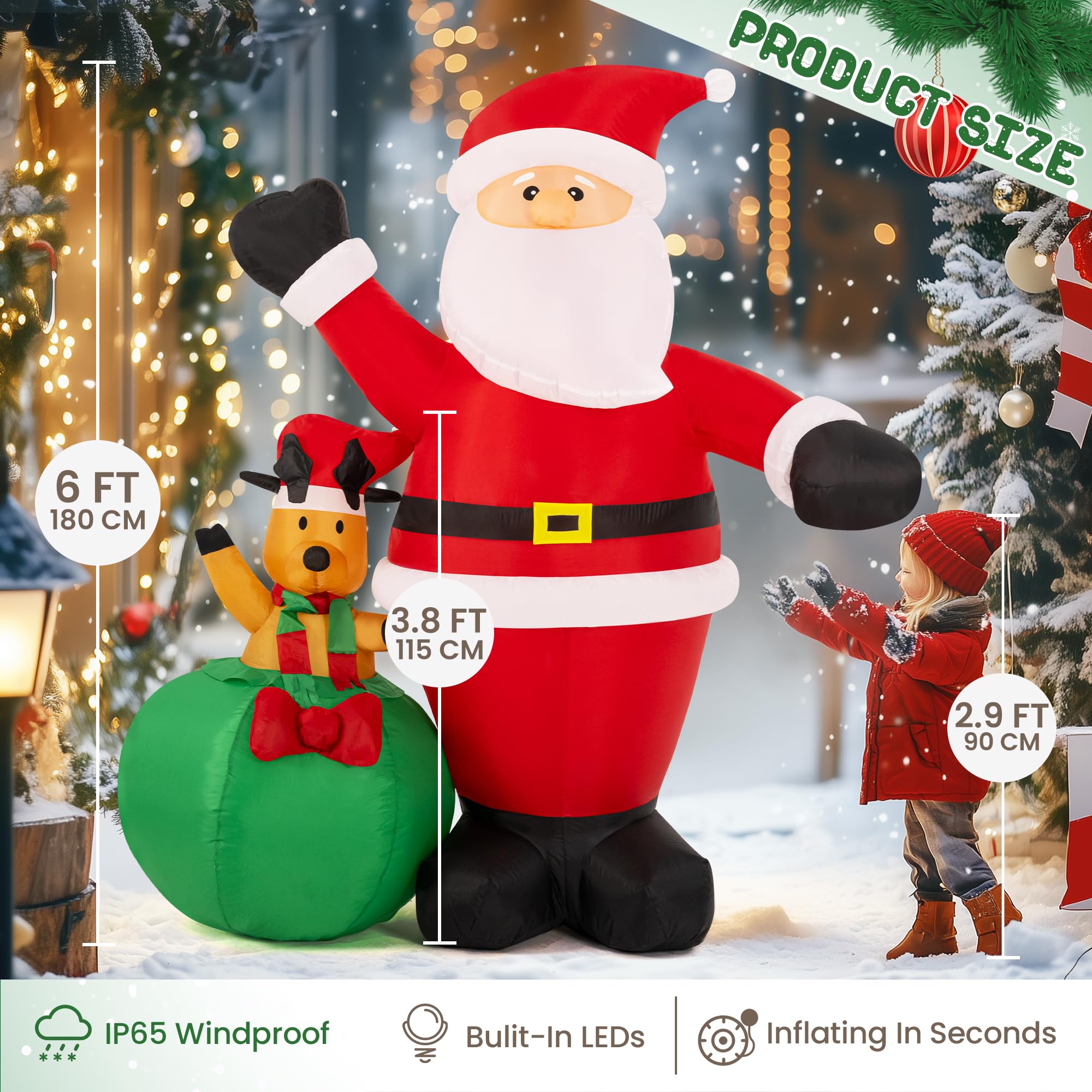 Solpex Décoration Gonflable de Noël - 180 cm - Père Noël avec élan - Convient pour Les fêtes de Noël en extérieur, Le Jardin, la pelouse, la terrasse