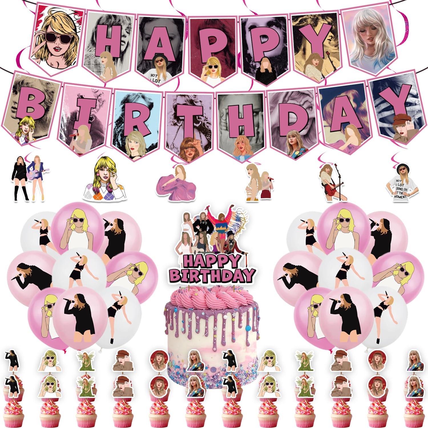 Photo 1 of Happy Birthday Party Decorations, Pop Singer Party Decor with Happy Birthday Banner Hanging Swirls Balloons Cupcake Cake Topper for Women Wife Girlfriend Girl Daughter Eras Music Fans Gift Home