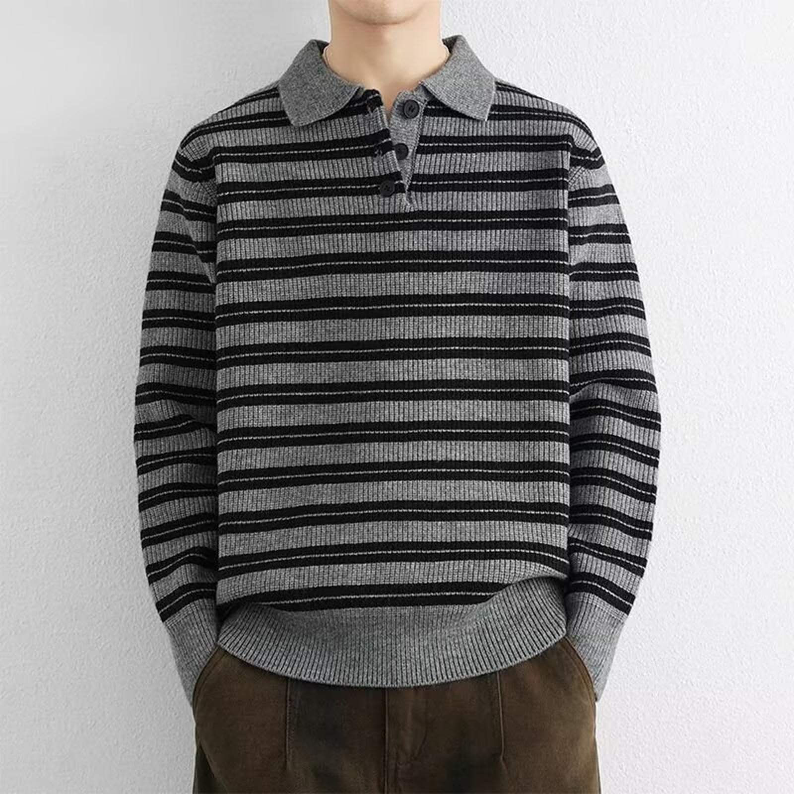 Generisch Jersey de punto para hombre con solapa, vintage, informal, para otoño e invierno, suéter de trabajo, jersey de punto para hombre