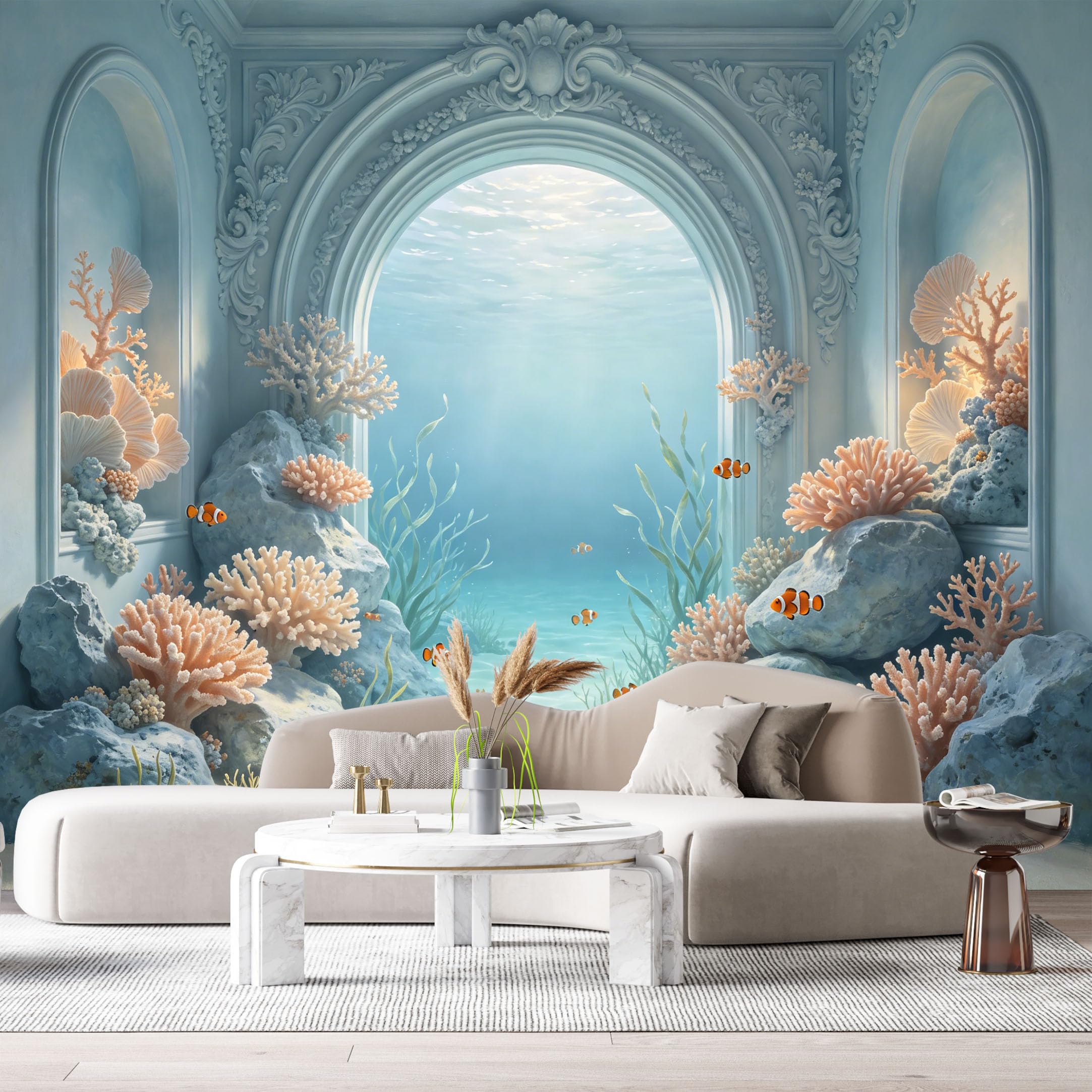 Custom Size Wall Murals Ocean Marine Coral Reef Fish 3D Trompe L'Oeil SelfAdhesiveWall Fabric Removable Wallpaper Wall Decor for Living Room Bedroom Bathroom