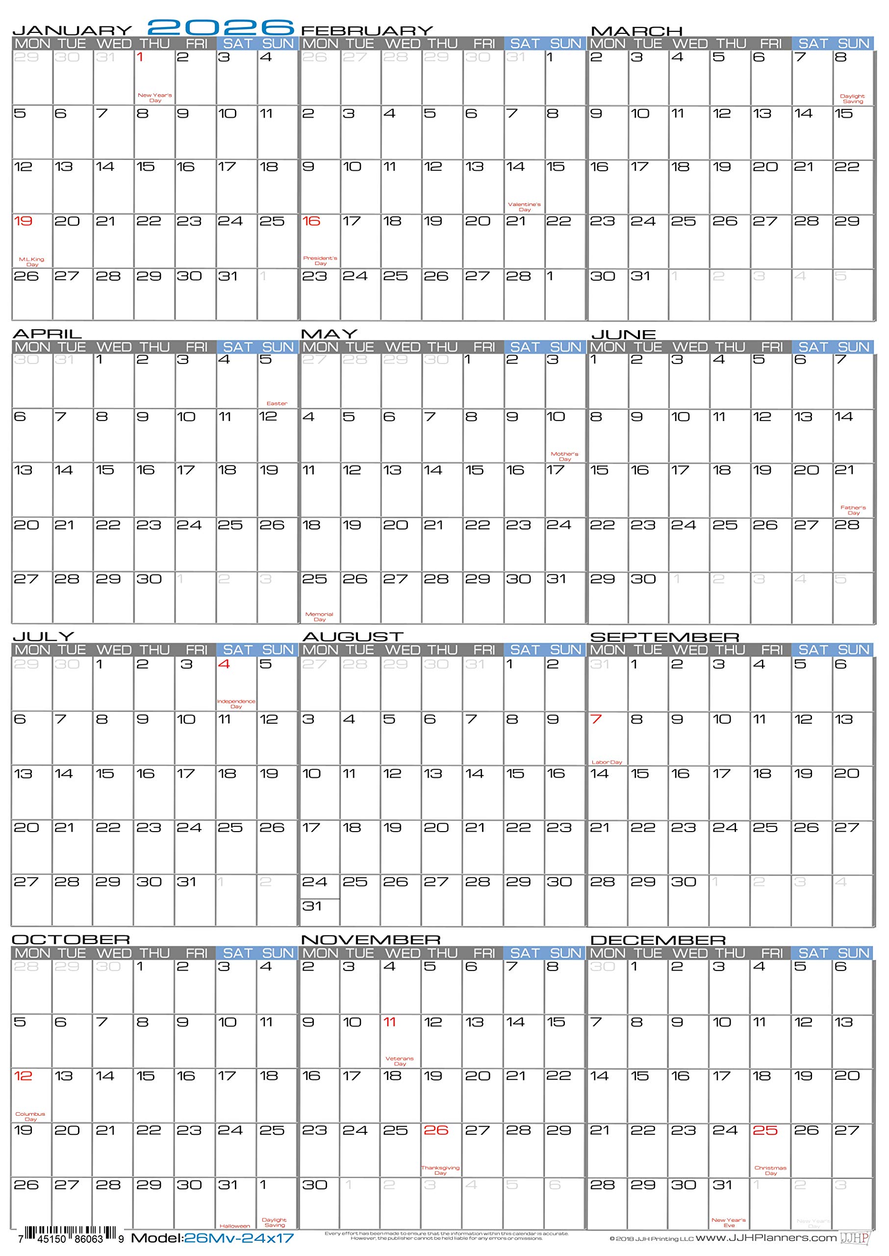 2026 Laminated - 24" X 17" Medium Monday Start Week Wall Calendar - Vertical 12 Month Yearly Annual Planner