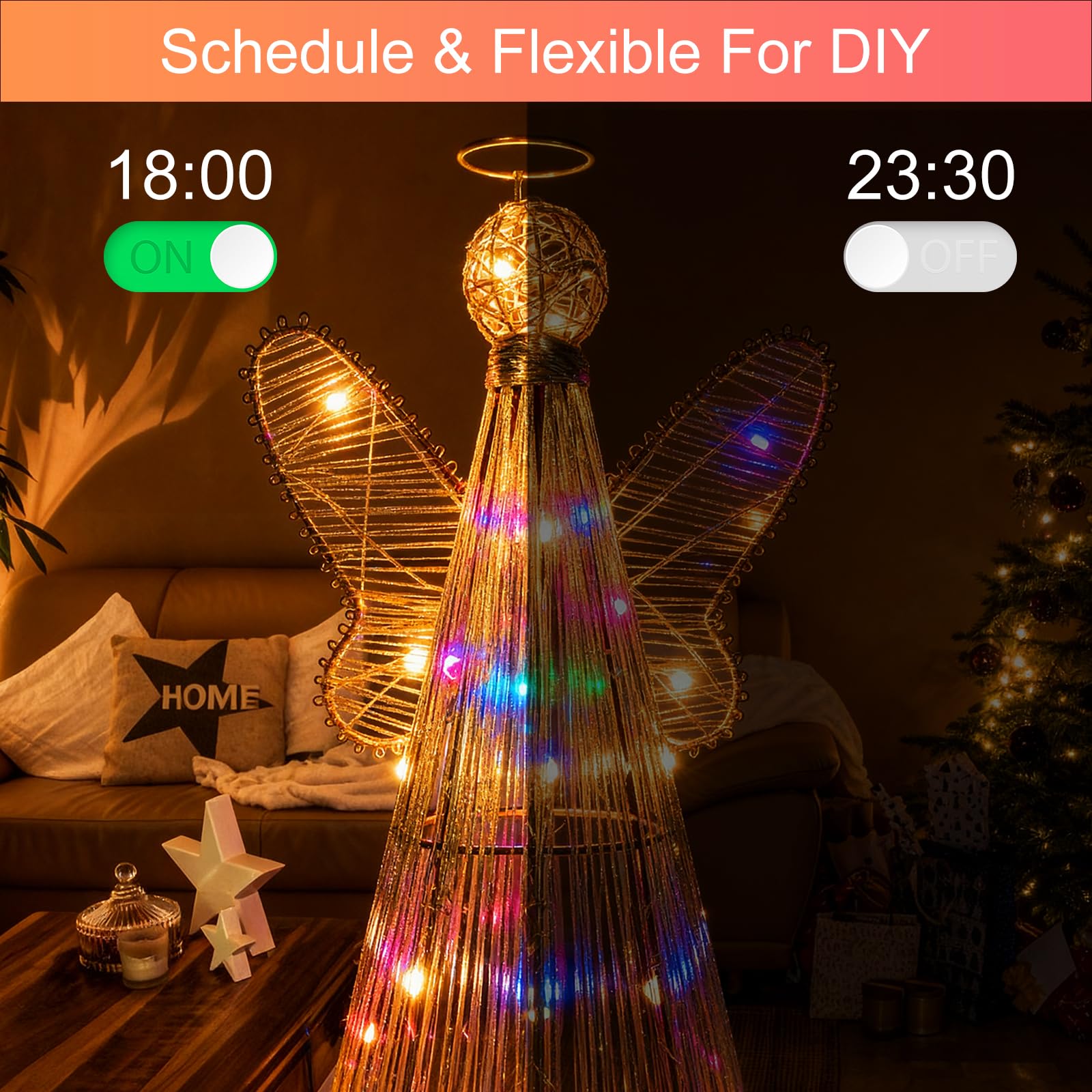 Estrella inteligente para árbol de Navidad, decoración de árbol de ángel de 12 pulgadas, 80 modos de iluminación, flash multicolor / sólido, aplicación y control remoto, sincronización de música