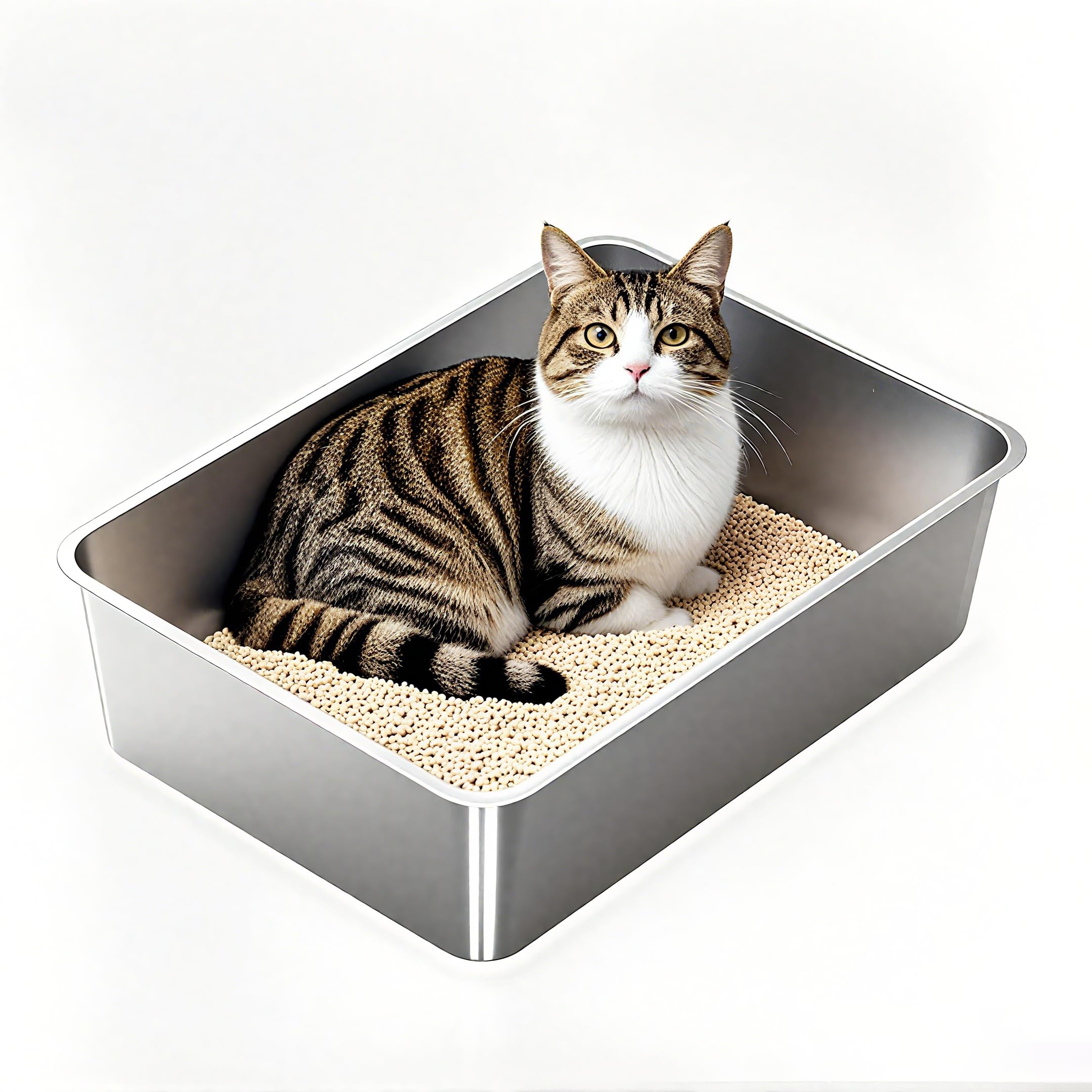 Stainless Steel Cat Litter Box, Medium Metal Litterbox Stainless Steel Litter Tray Pan for Medium Cats, 19.7" Lx13.8 W x5.9 H, No Odor Absorption,