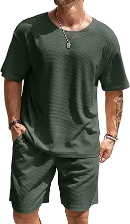 Vssjavun Mens Short Sets 2 Pieces Outfits Waffle Knit Lounge Set Short Sleeve Summer Casual Tracksuit