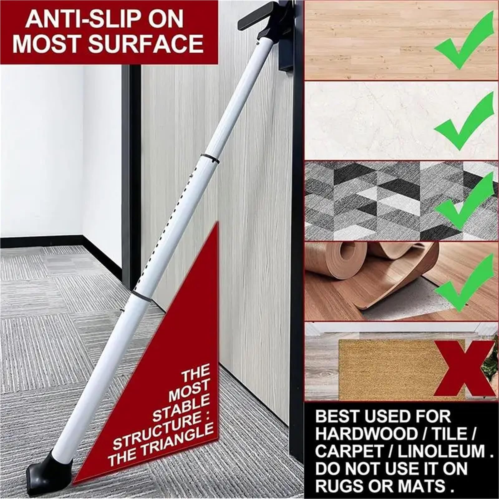Barre de sécurité porte réglable 3 en 1, butoir domestique for portes coulissantes et d'entrée, barre antivol pour Portes