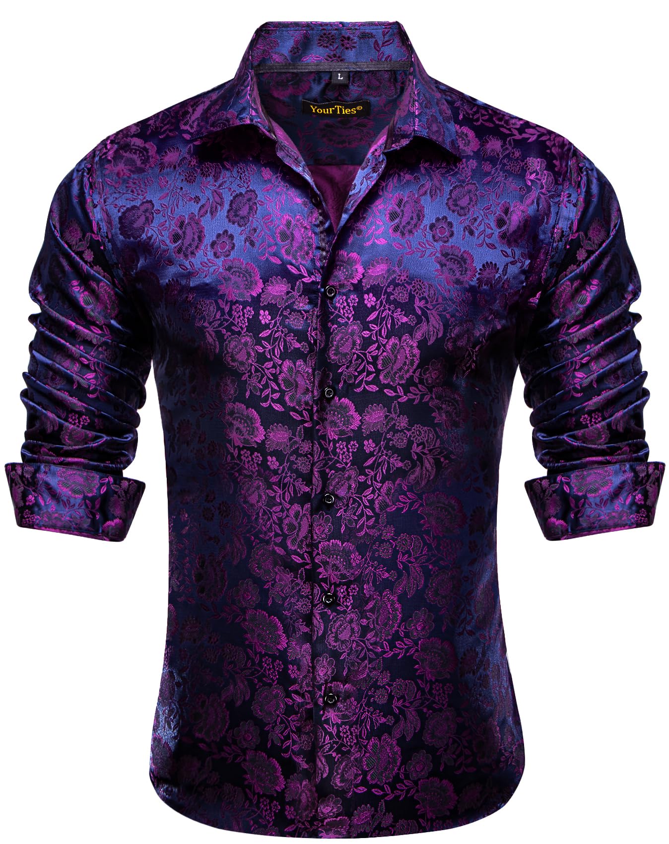 YourTies Mens Silk Paisley Dress Shirt Casual Button Down Shirt Long Sleeve Western Floral Shirts Wedding Party Holiday