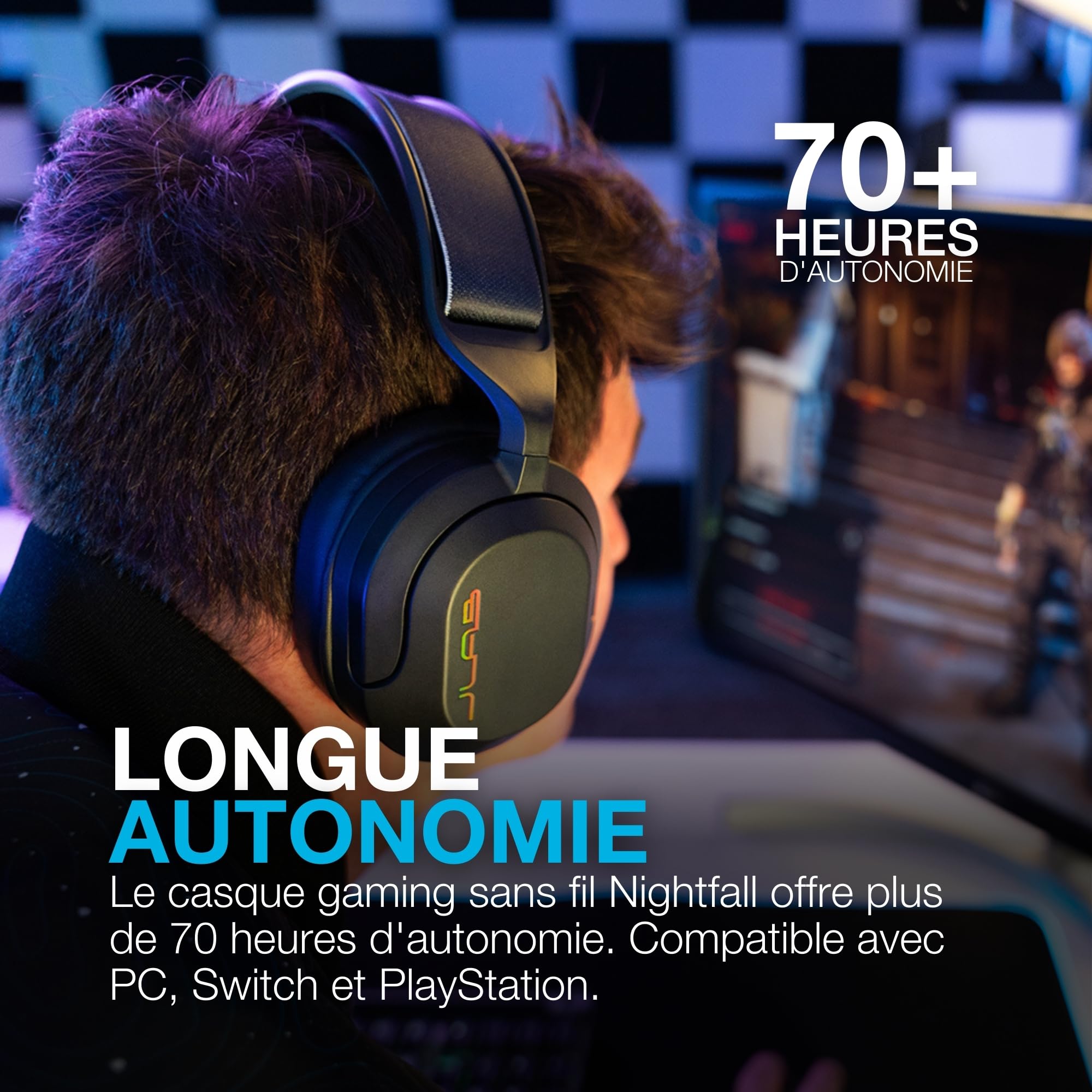 JLab Nightfall Casque de Jeu sans Fil Over-Ear avec Microphone - Bluetooth | Casque Gaming pour PC/Playstation/Nintendo Switch, Haut-parleurs 50 mm, Coussinets Mousse Cloud, Isolation