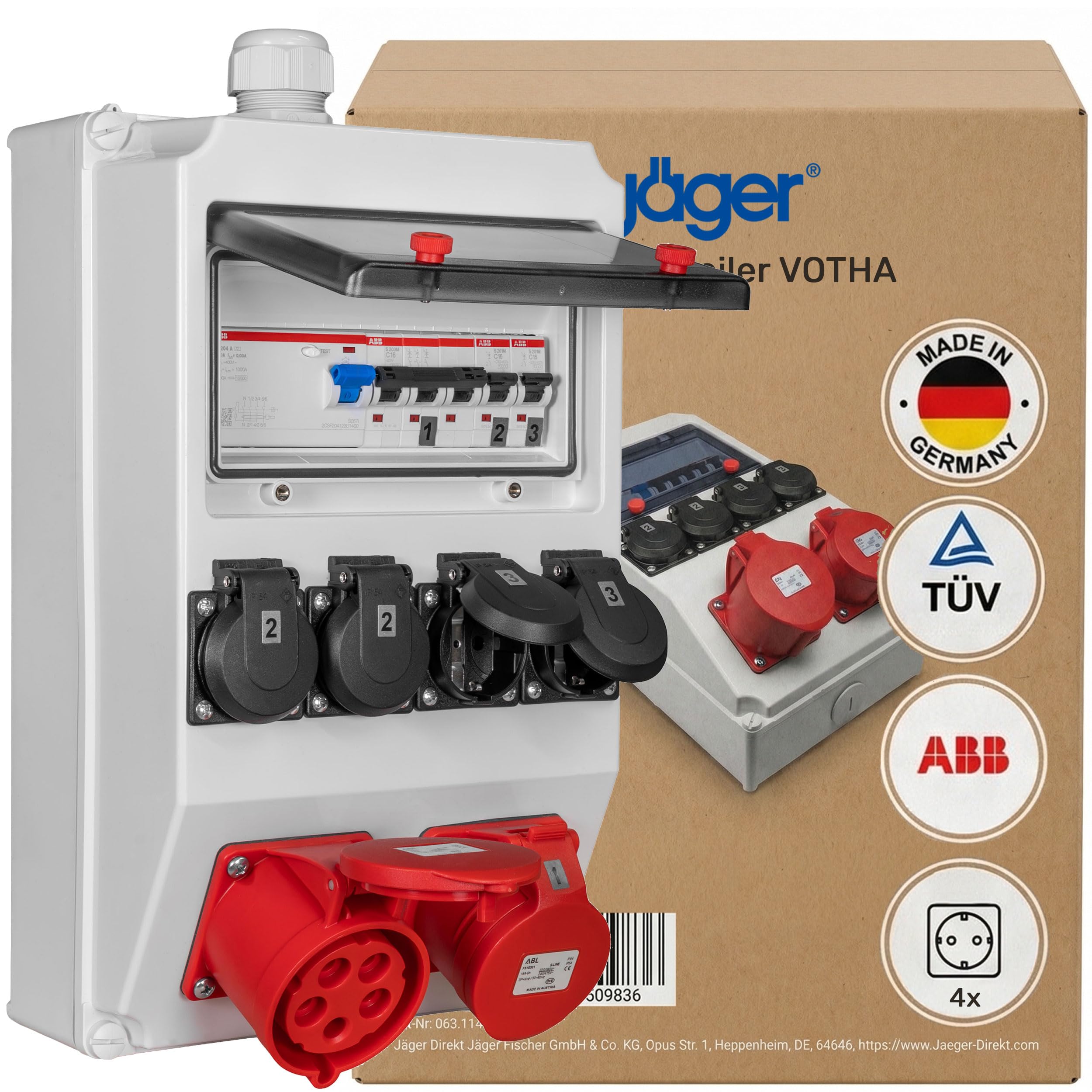 JÄGER Votha Wolfsburg - Distribuidor de pared, caja de distribución de pared (montaje en superficie, con cable ABB FI & LS, 2 x CEE 16 A/32 A 400 V, 4 x enchufes de 16 A 230 V, VOTHA Wolfsburg