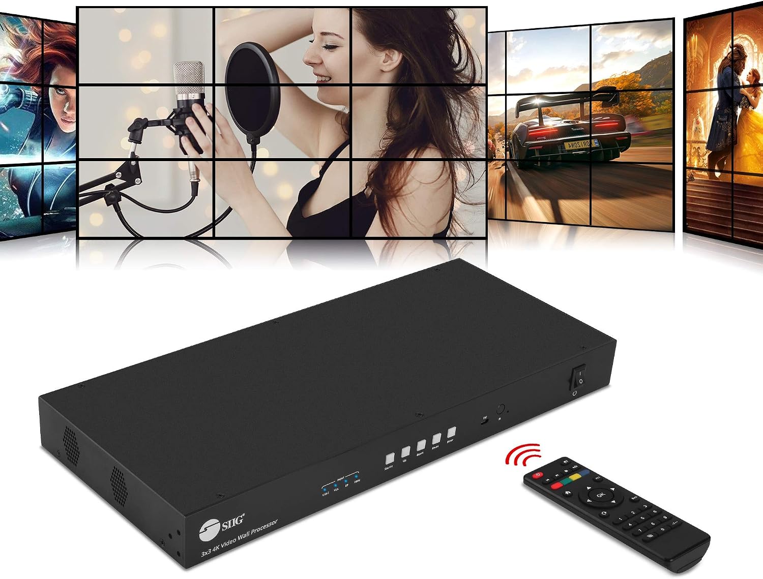 SIIG 3x3 4K HDMI Video Wall Controller - USB-C/DP/VGA/HDMI Input, Loop-Out, RS232/Web/IR Control, Audio Extract to Coaxial/3.5mm, Metal Housing, ESD Protection, 2x2, 2x3, Cascading (CE-H26F11-S1)