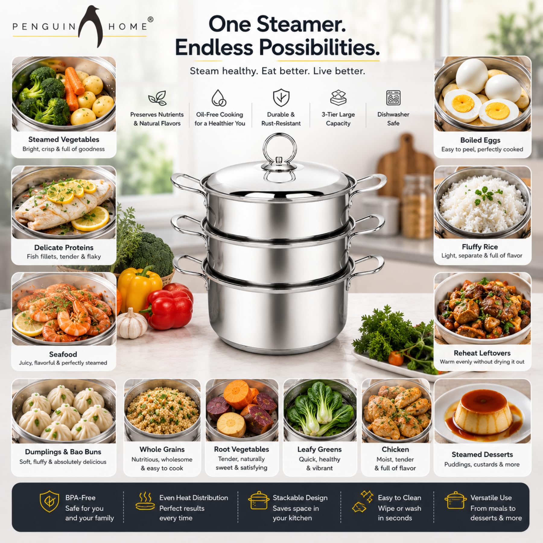 Penguin Home® Set per cottura a vapore a 3 livelli 3 litri 20 cm | Cassaforte a induzione | Piroscafo per alimenti a tre livelli in acciaio inossidabile |Piroscafo da cucina per cucinare |