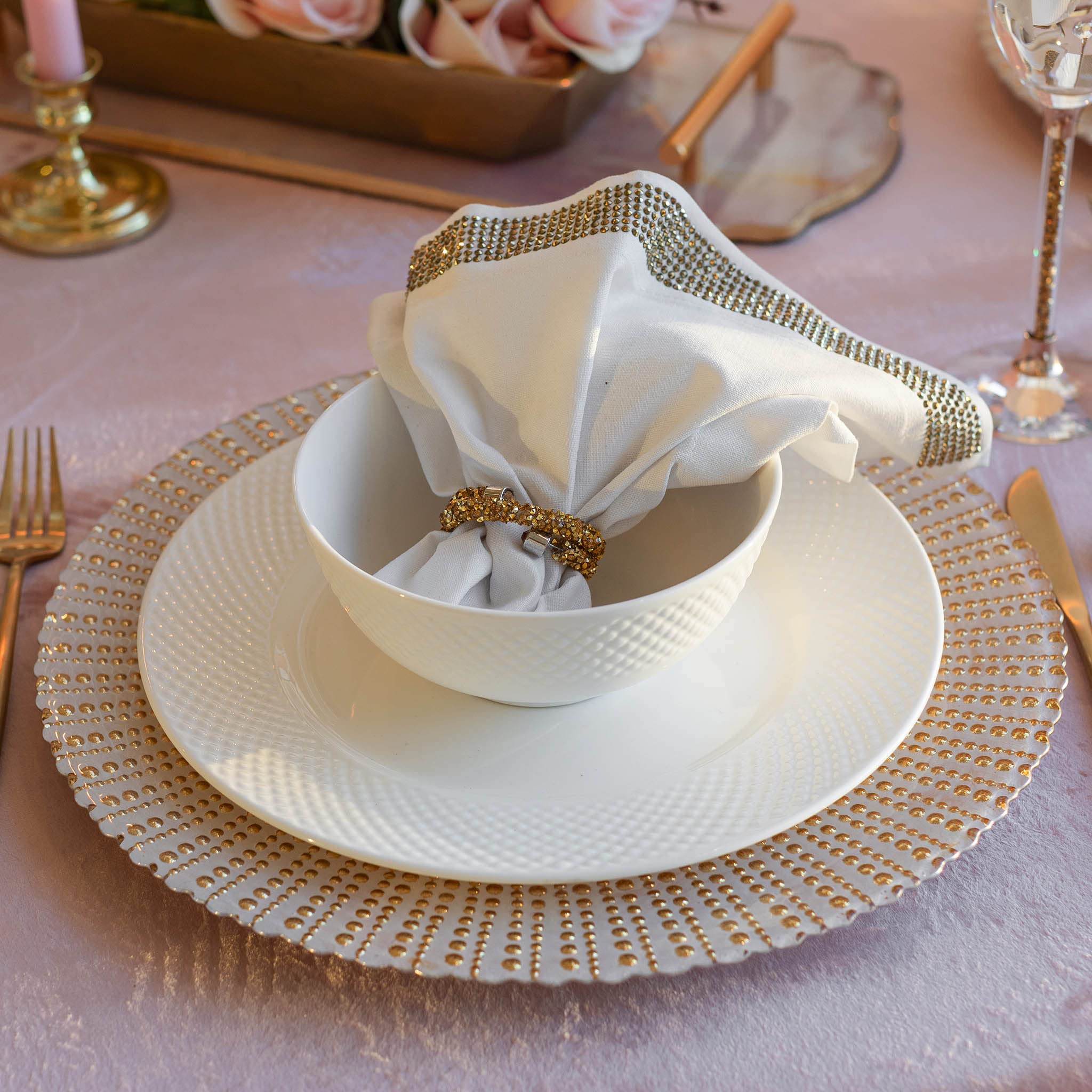 Stripe Napkin, Machine Washable Cloth, Sparkling Rhinestones Bonded to Linen Blend, for Formal Dining Table Setting, Event, Wedding, White & Gold, 20