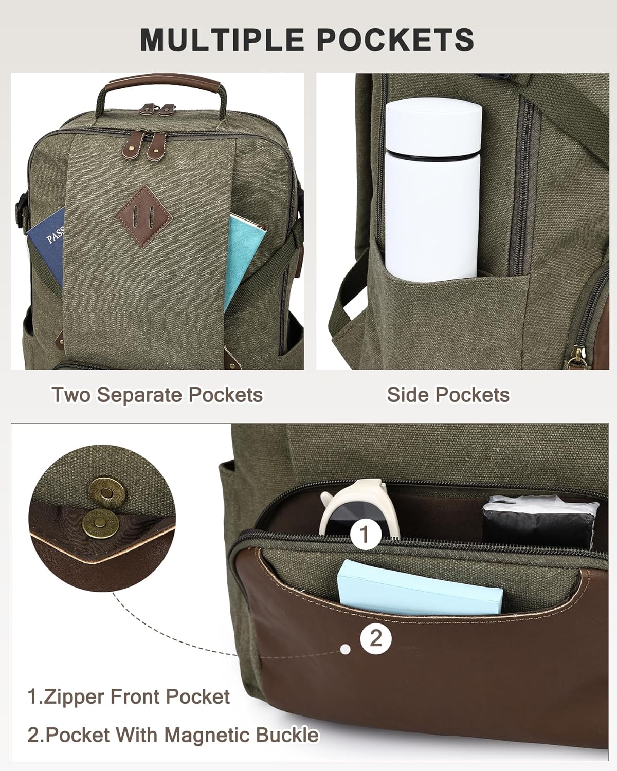 Kasqo Laptop Backpack 15.6 Inch Canvas Waterproof Anti Theft Business Travel College Computer Bag 18.8L Carry on Bag with USB Charging Port for Women Men, Army Green