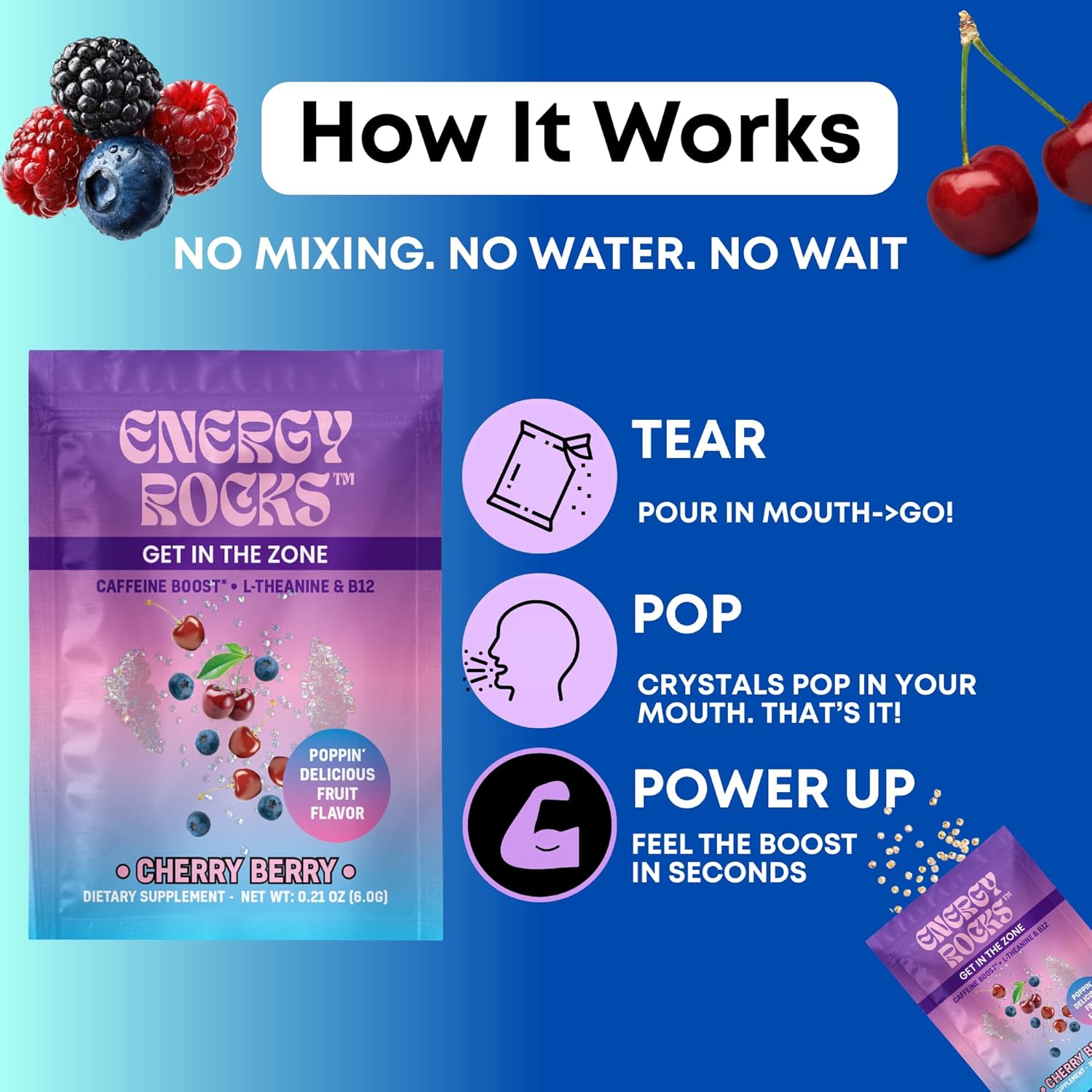 Caffeine Candy – Popping Energy Candy Crystals,100mg Caffeine L-Theanine & B12, – Fast Energy, No Drink Needed – Coffee Alternative 15-Pack (Cherry Berry)