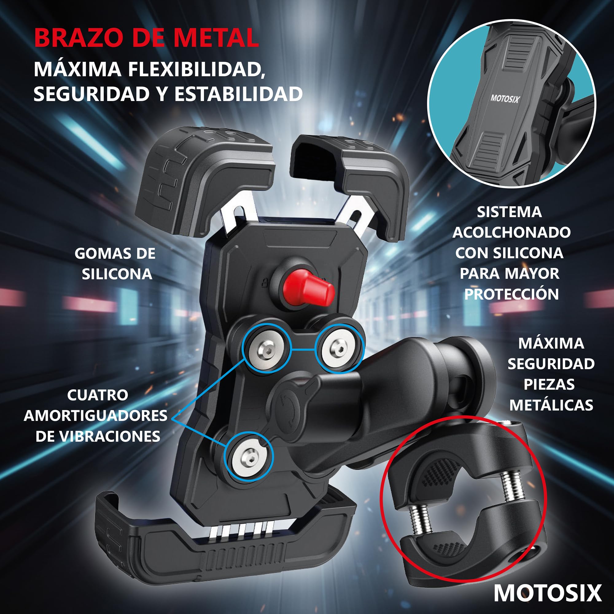 Soporte Móvil Moto Antivibración,ANTIRROBO, Brazo Metálico Extensible 360º.Soporte Móvil Bicicleta Bici Patinete electrico, Motocicleta. Teléfonos de 4,7-7,2'' Todo Tipo de Manillar