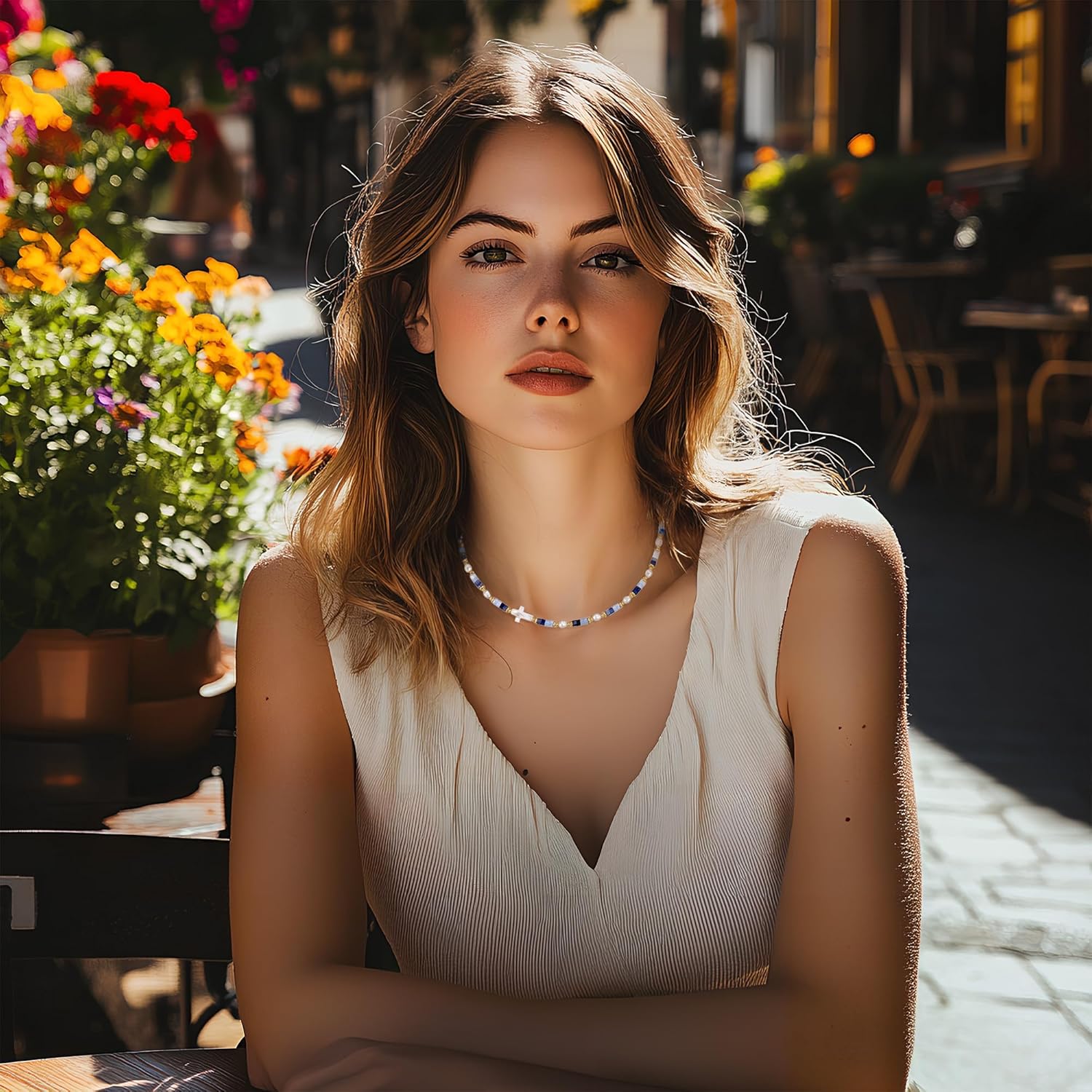 Blue Aventurine Aquamarine Necklace Natural Gemstone Boho Beaded Necklaces for Women Mother of Pearl Cross Faith Gift Shell Cross Handmade Summer Beach Choker Jewelry - Image 4