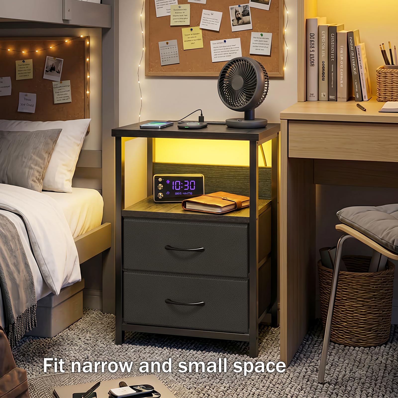 Best Nightstand With Drawers Picks for 2026 3 Fixwal Modern Black LED Nightstand with Charging Station and 2 Fabric Drawers - product photo