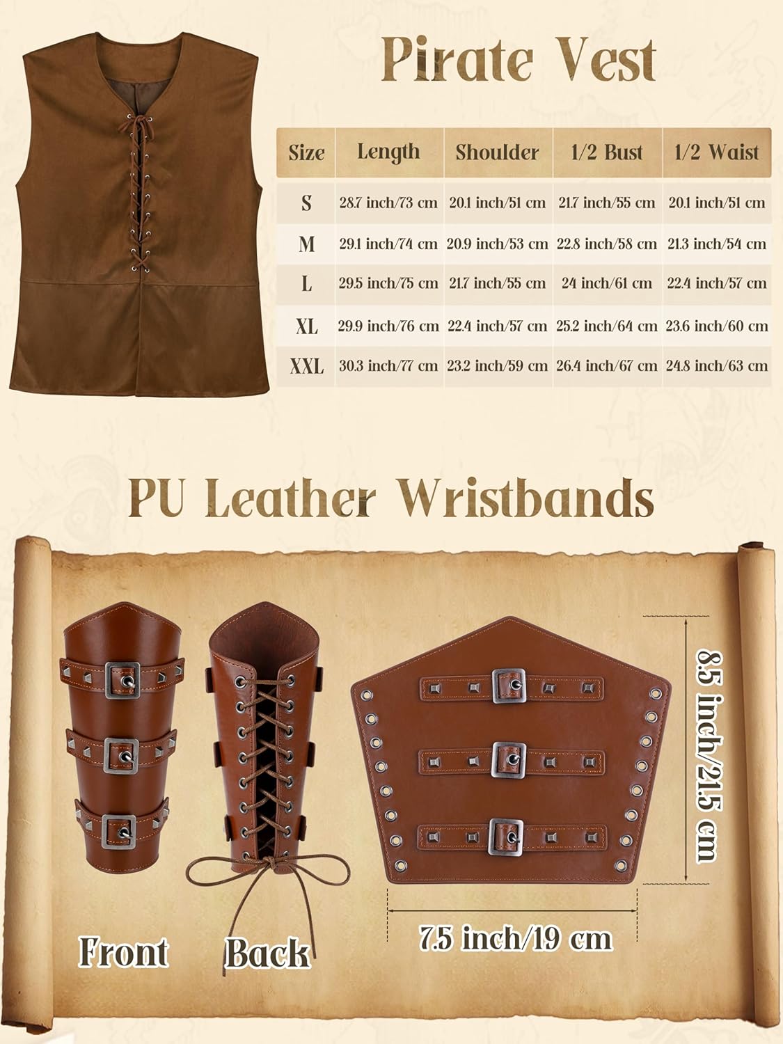 SOMSOC 8 Pieces Men's Halloween Renaissance Medieval Costume Set Pirate Shirt Viking Vest Pants Headscarf Belt - Image 4