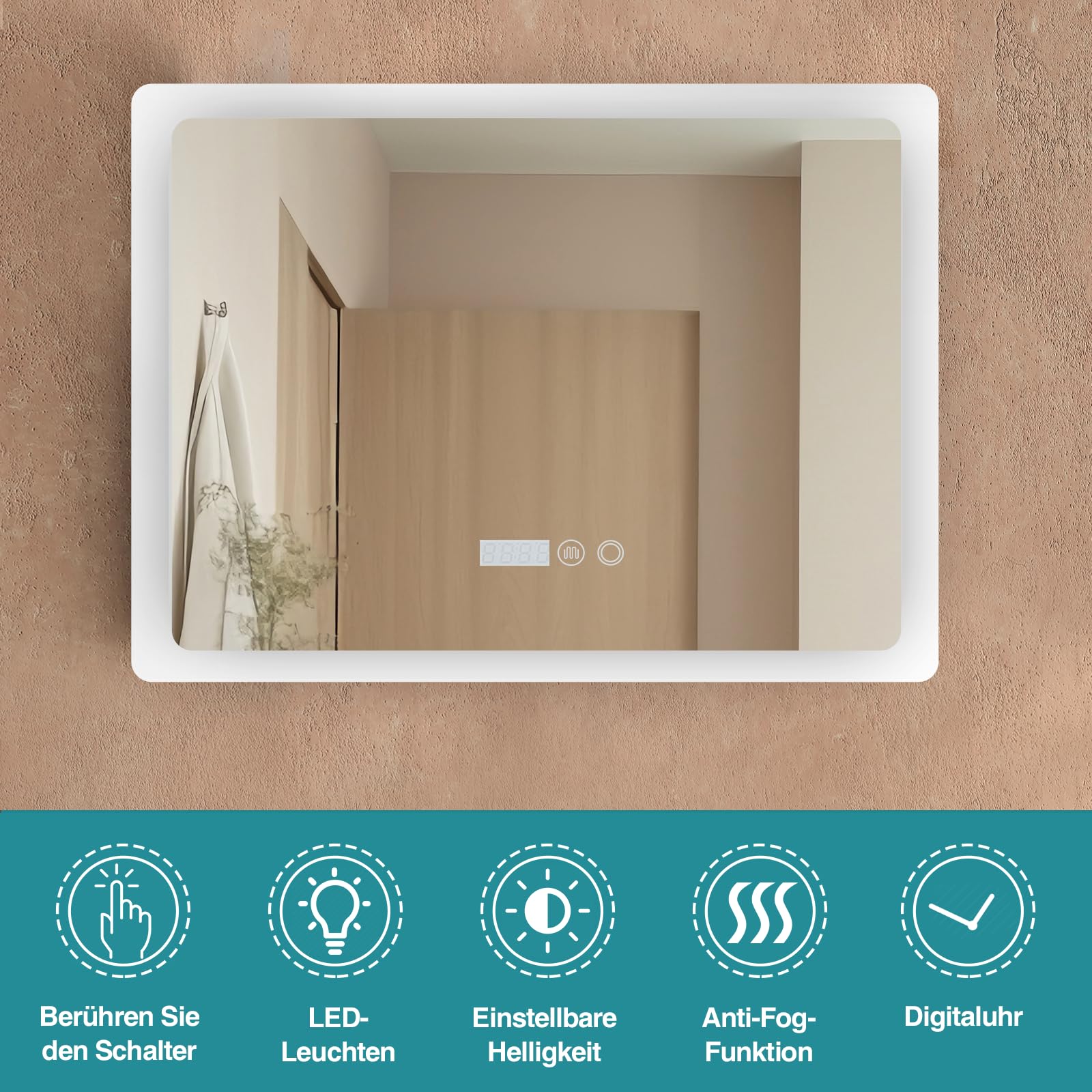 YU YUSING Badspiegel mit Beleuchtung 80x60cm Badezimmerspiegel LED mit 3 Lichtfarben Dimmbar, Beschlagfrei Wandspiegel mit Touch-Schalter, Spiegel Badezimmer Timer-funcktion, Gehärtetes Glas IP44