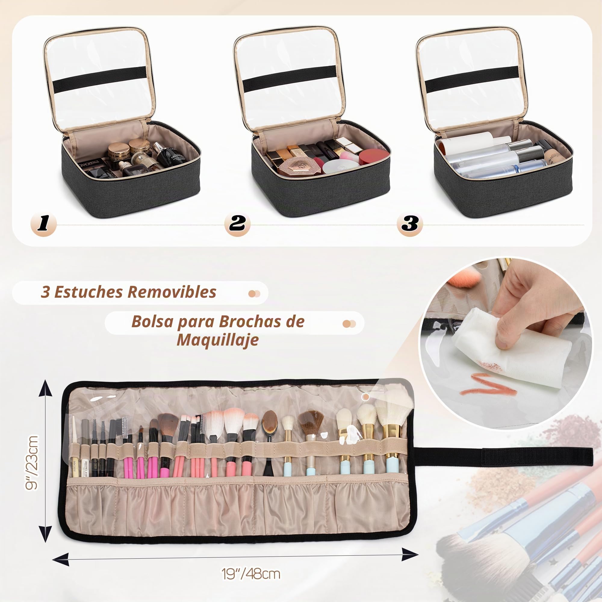 Luxja Estuche de Maquillaje con Ruedas, Bolsa de Cosméticos, Negro | Bolsa de Maquillaje con 3 Bolsas Extraíbles y 1 Bolsa para Brochas de Maquillaje