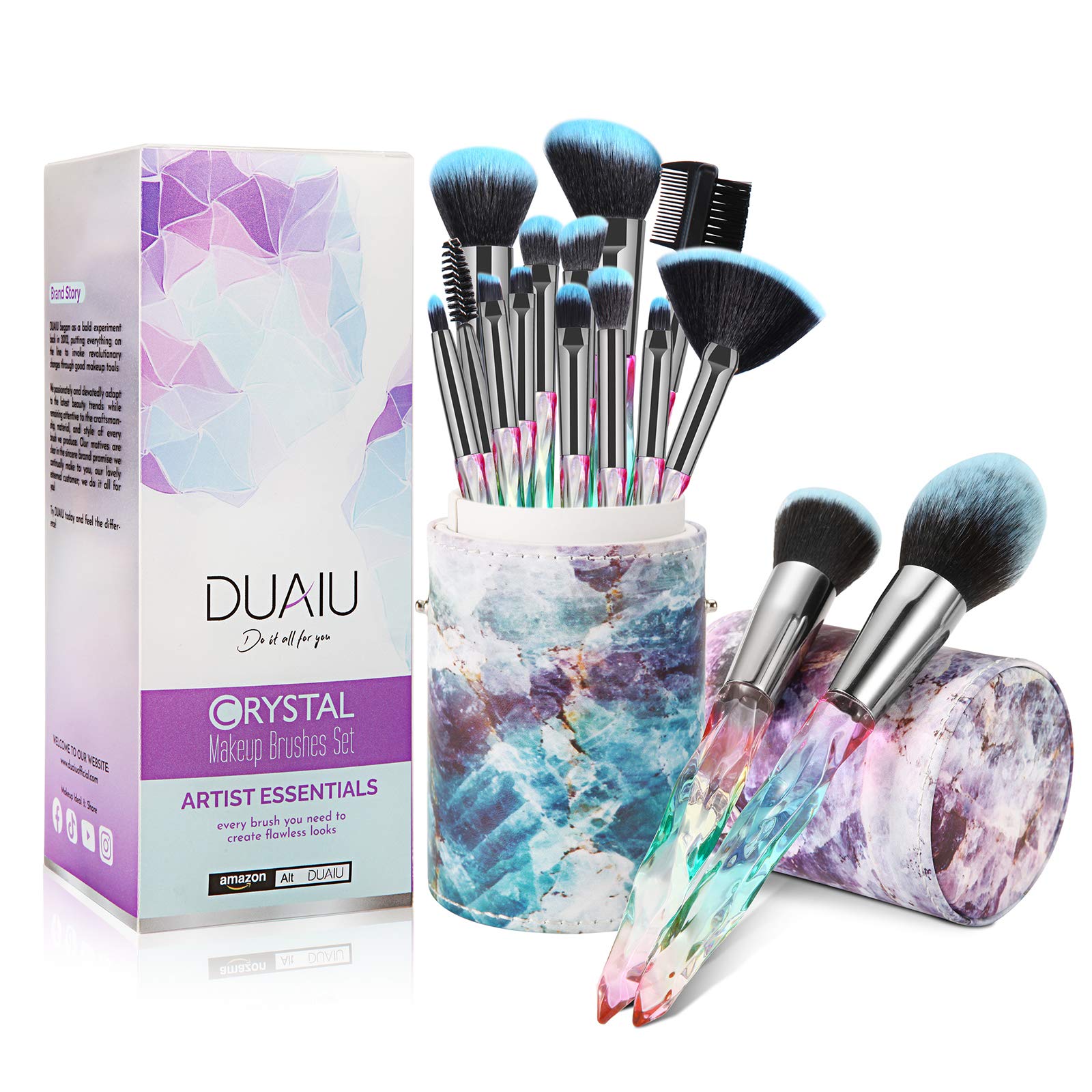 Brochas de Maquillaje Profesionales FILY DUAIU Brochas Maquillaje 15 piezas Premium Cerdas sintéticas Juego de mangos de cristal brochas maquillaje con caja de regalo
