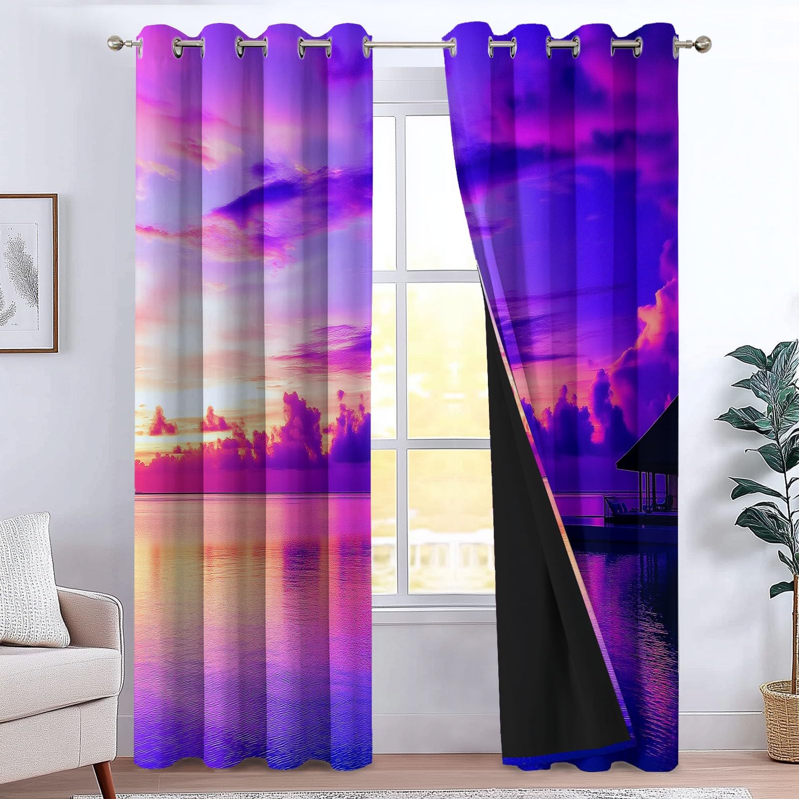 Rideau Occultant Paysages Naturels Nuages Et Ciel, Rideaux Isolant Thermiques et Phonique - Draperies Oeillets Anti Froid Violet pour Salon Chambre Fenêtre Décoration 110L x 215H cm 2 Panneaux
