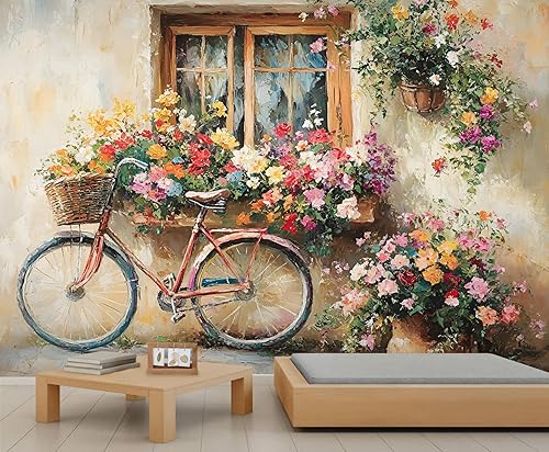 Papel tapiz 3D de bicicleta rosa vintage, murales de flores de paisaje de primavera para sala de estar, pintura al óleo, papel tapiz rústico