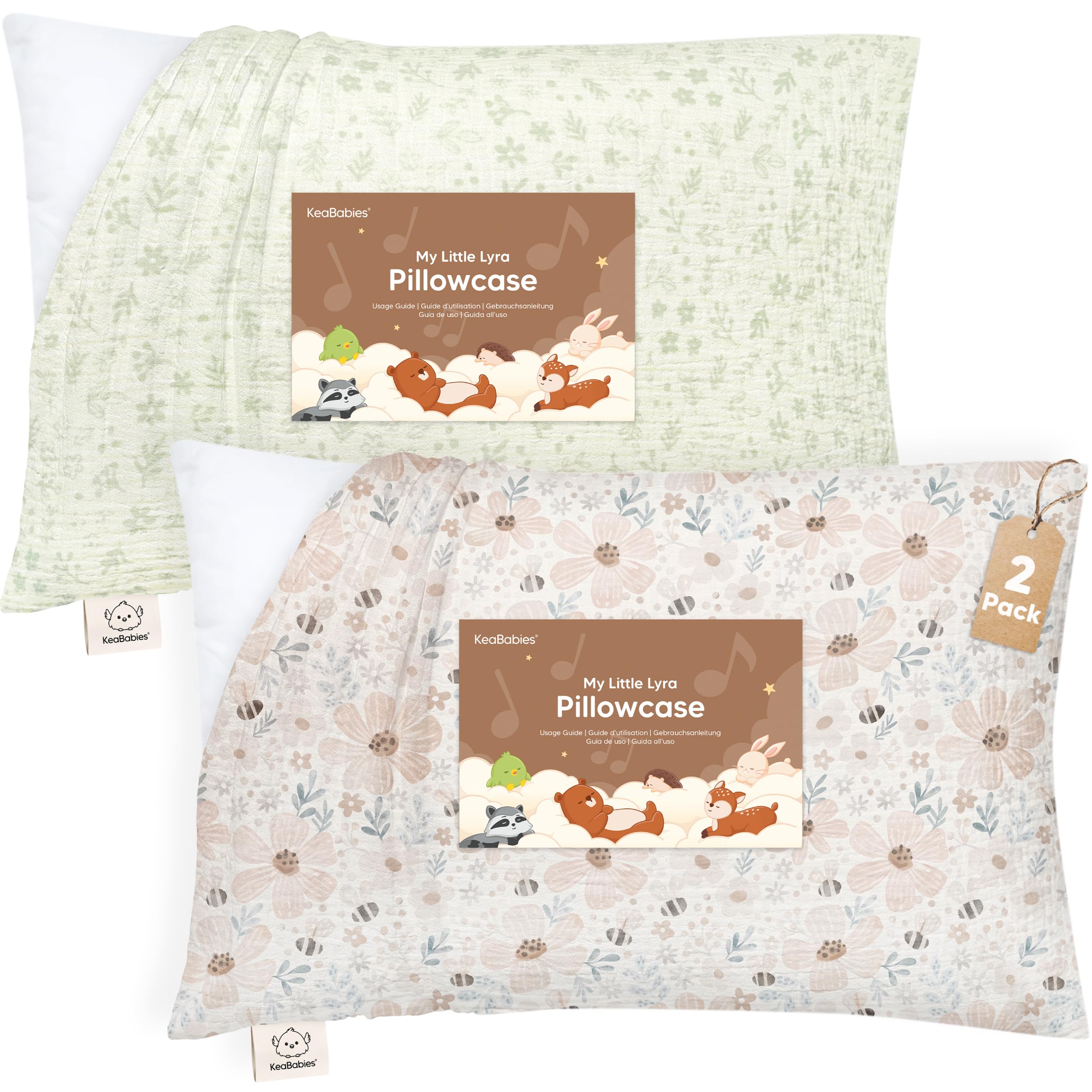KeaBabies Muslin Toddler Pillowcase 13x18 Only – 2-Pack Organic Cotton Muslin Pillow Case for Kids, Girls, Boys, Small Travel Size Cover, Soft &