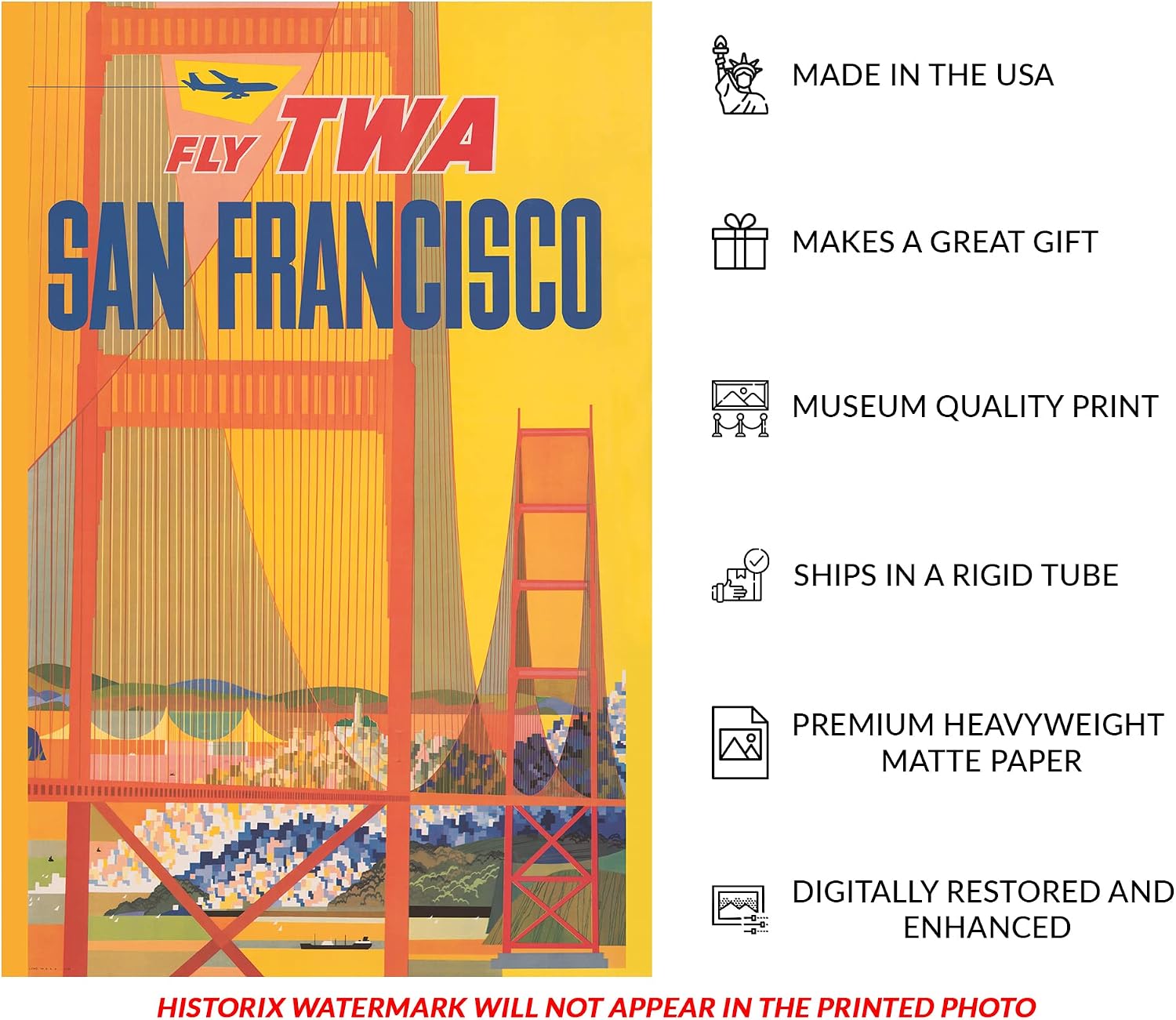 HISTORIX Vintage 1957 San Francisco Travel Poster Print - 16x24 Inch Vintage Airline Poster Fly TWA Stylized Golden Gate Bridge California Wall Art