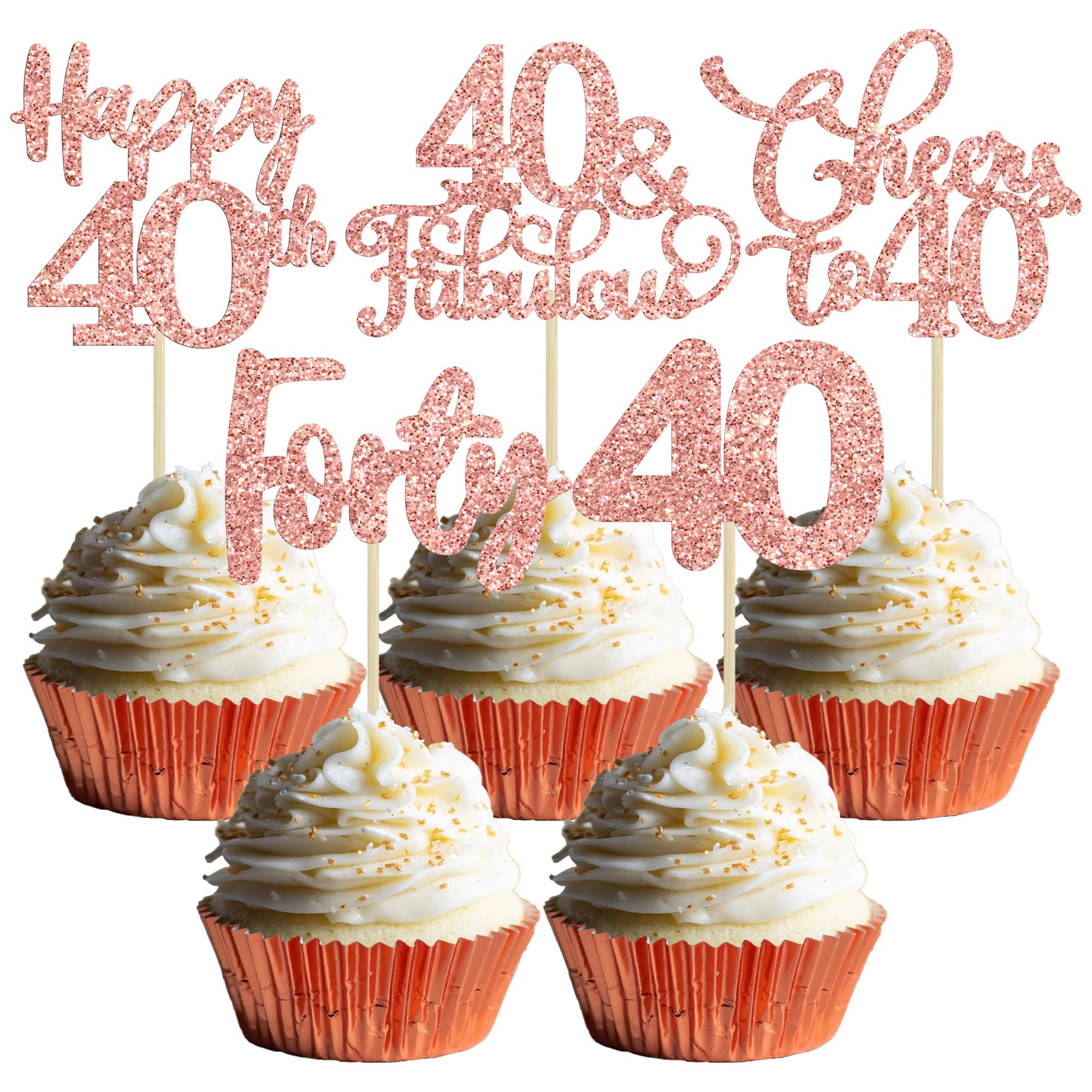 30 Pack Happy 40th Birthday Cupcake Toppers - Rose Gold Glitter Forty Cheers to 40 Years Old Birthday Cupcake Picks for Anniversary Party Cake