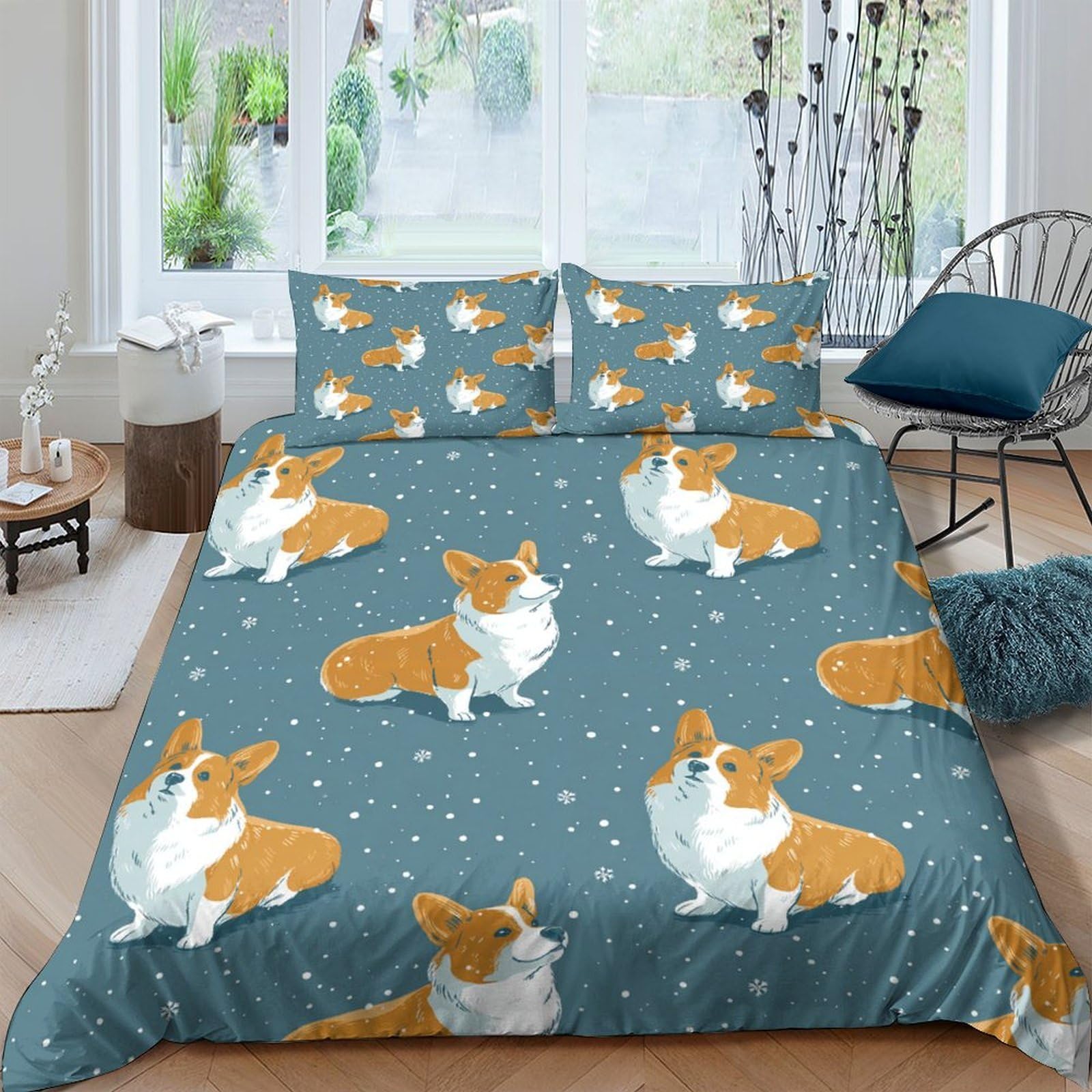 Ctjqhvkz Style-6 3D Printed Corgi Dog Fitted Sheet Microfiber Soft Blue Cartoon Bed Cover For Bedroom Dorm Mattress Protection Decor Single（135X200cm）