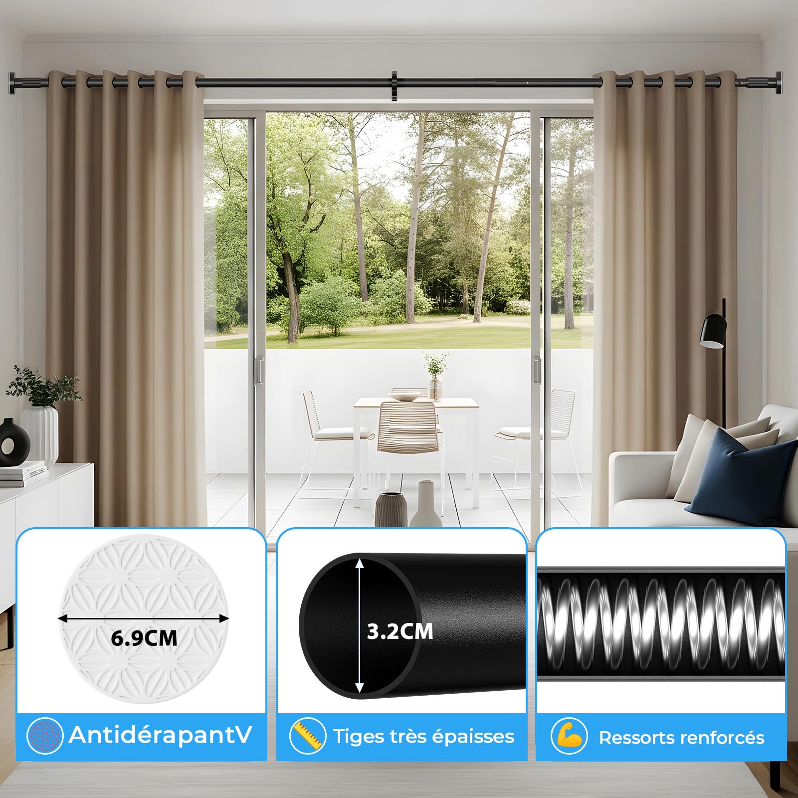 AIZESI Tringle rideau sans percage Extensible (104-422cm, Ø32mm, Noir) | Barre telescopique en acier inoxydable, adapté pour Salle de Bain Fenêtre Porte Penderie