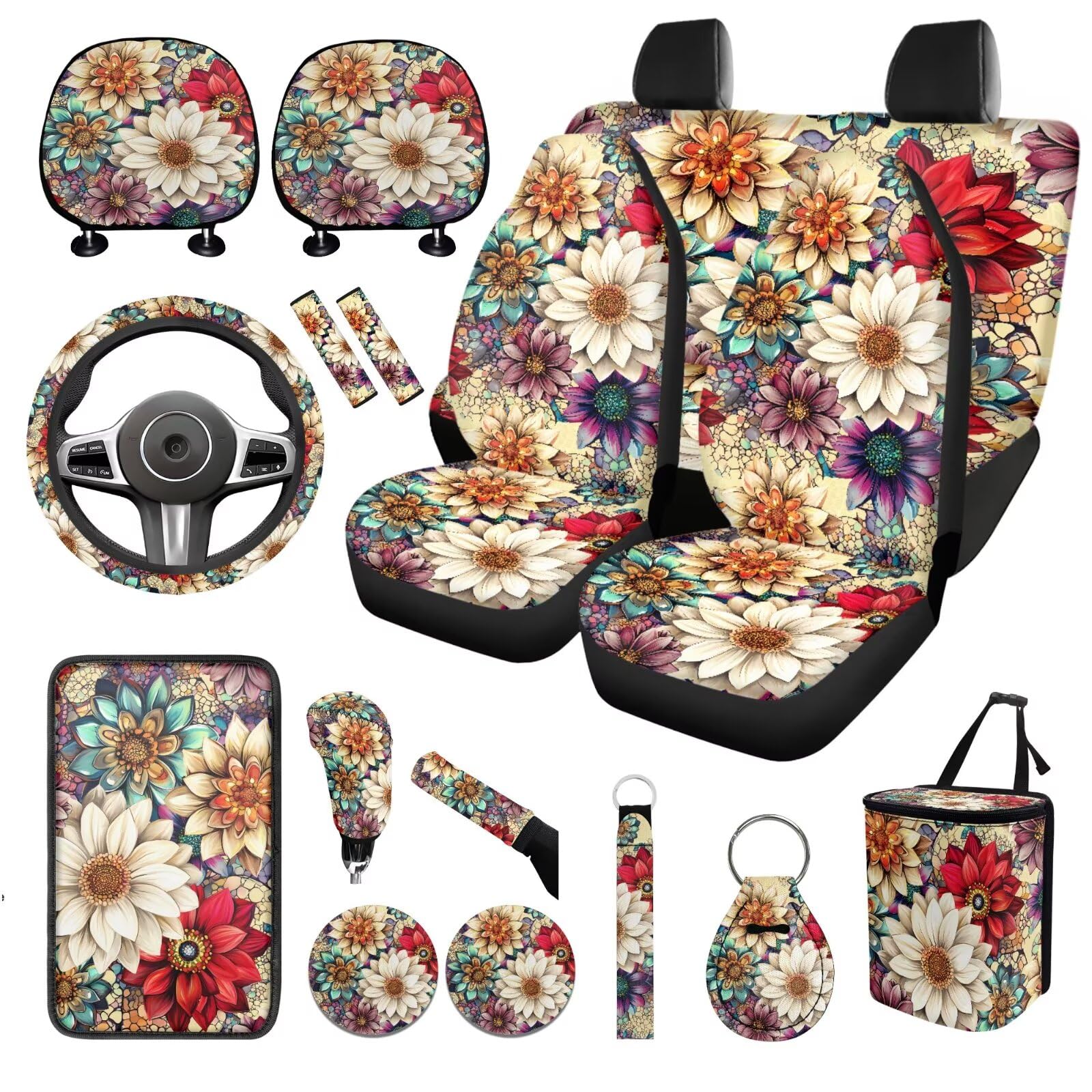 Blossom Lotus Set di coprisedili per auto da donna, universali, coprivolante, portachiavi, bracciolo, set completo, 17 pezzi, accessori per interni auto boho loto, carino a prova di perdite
